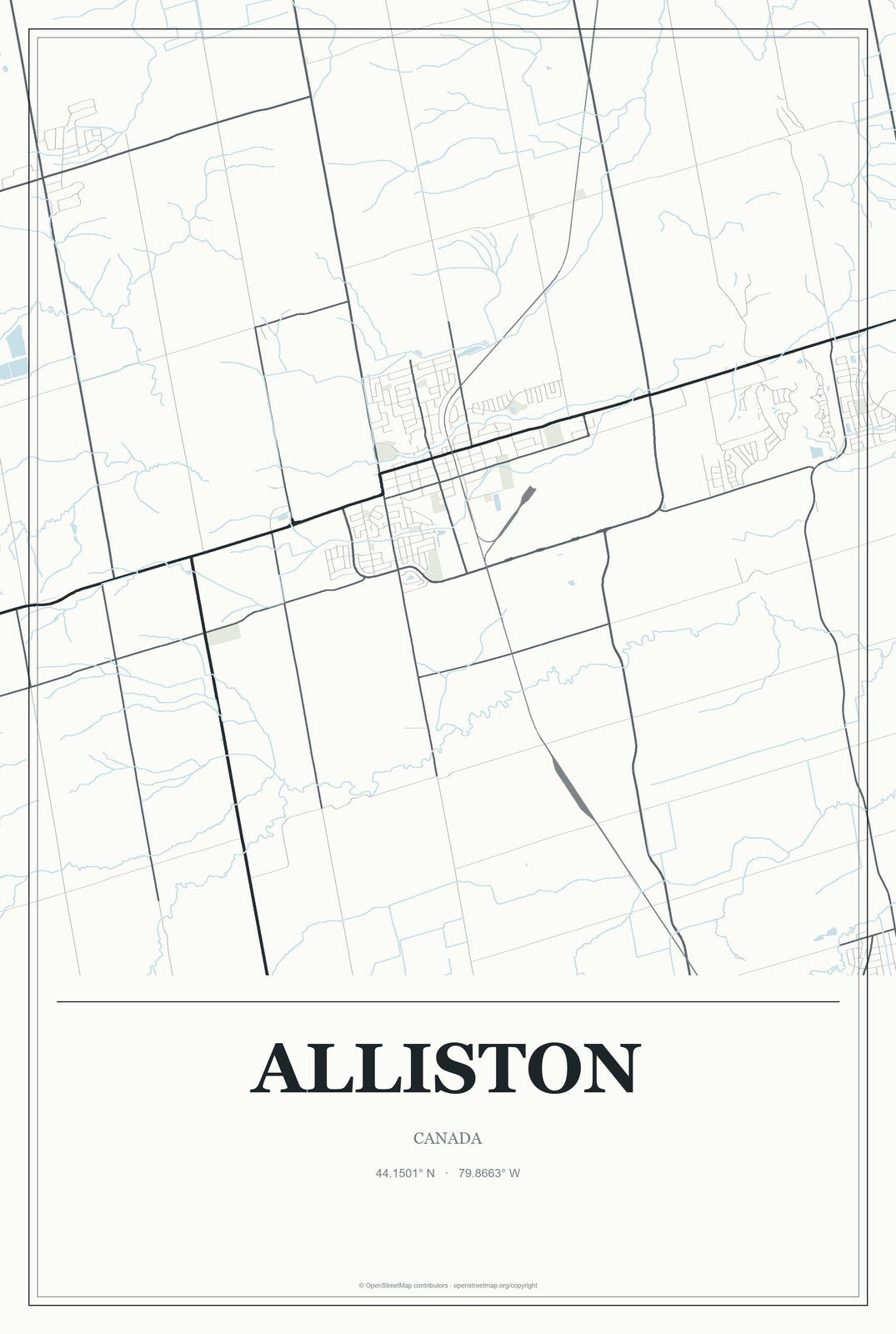 Alliston, Canada City Map Aluminum Sign in Gallery Air style