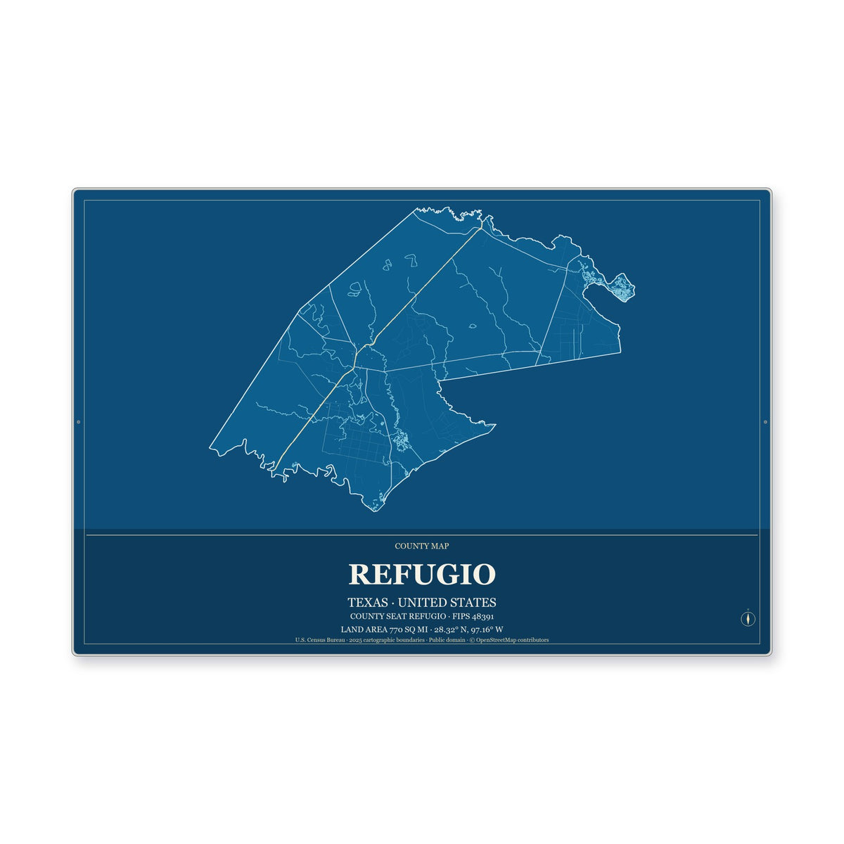 Refugio County, Texas Map Aluminum Sign in Harbor Cobalt style