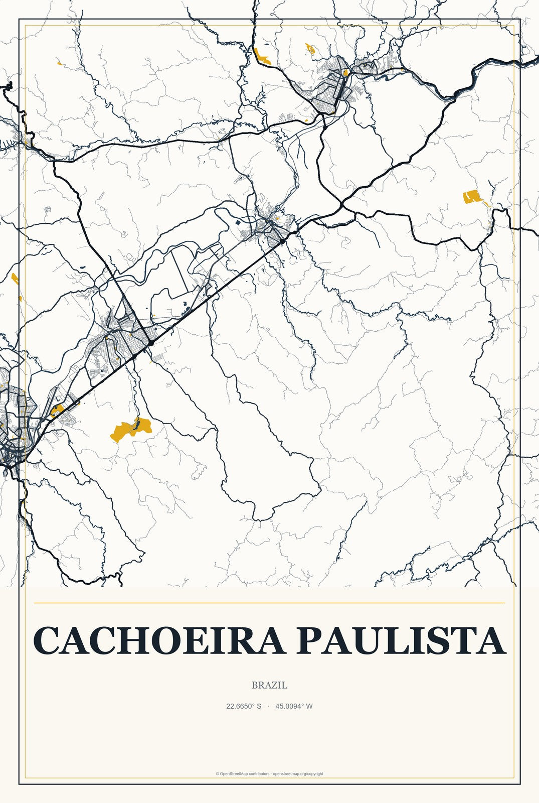 Cachoeira Paulista, Brazil City Map Aluminum Sign in Citrine Modern style