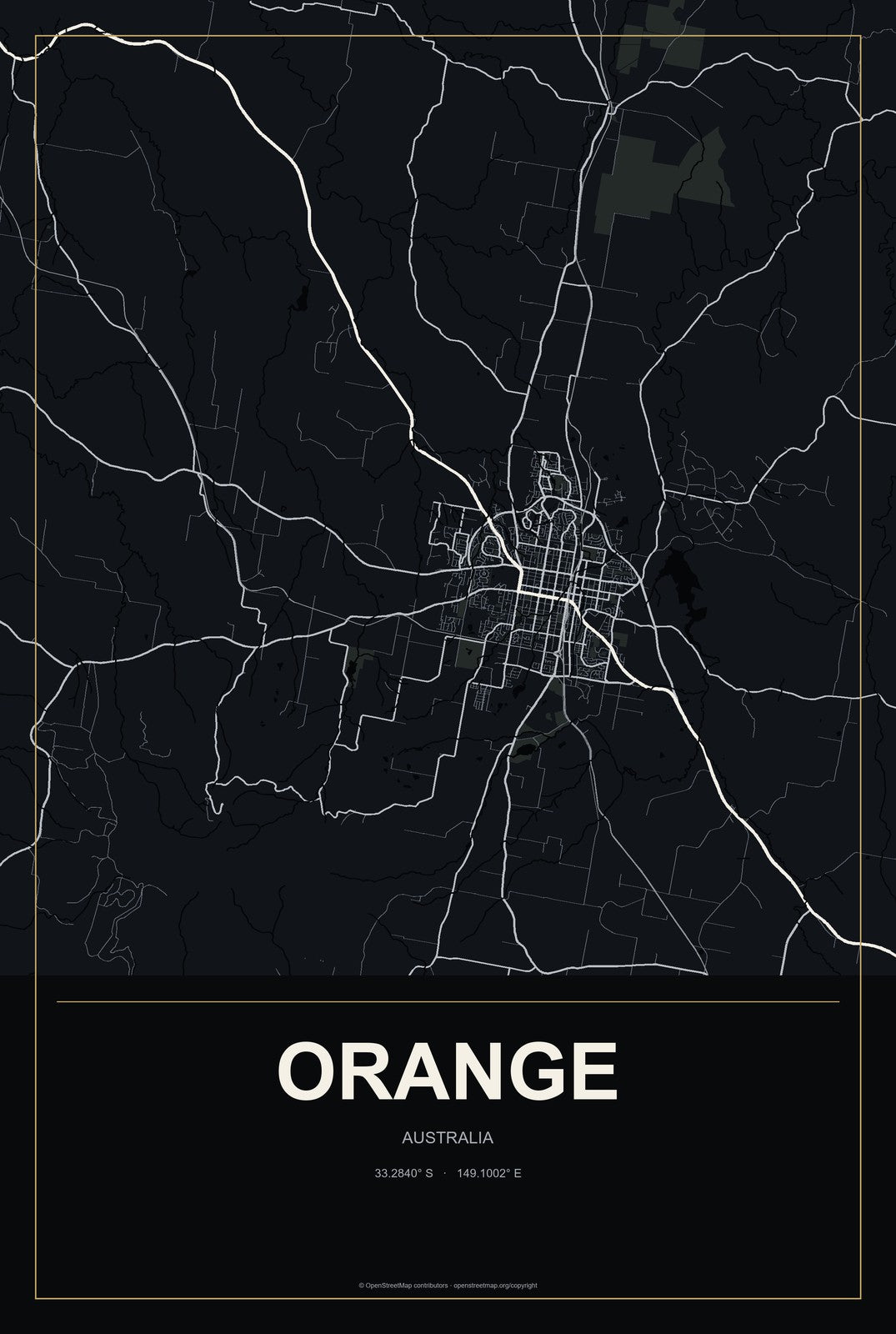 Orange, Australia City Map Aluminum Sign in Metropolitan Noir style