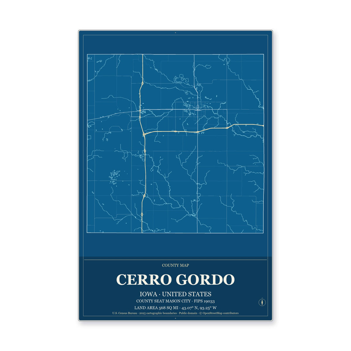 Cerro Gordo County, Iowa Map Aluminum Sign in Harbor Cobalt style