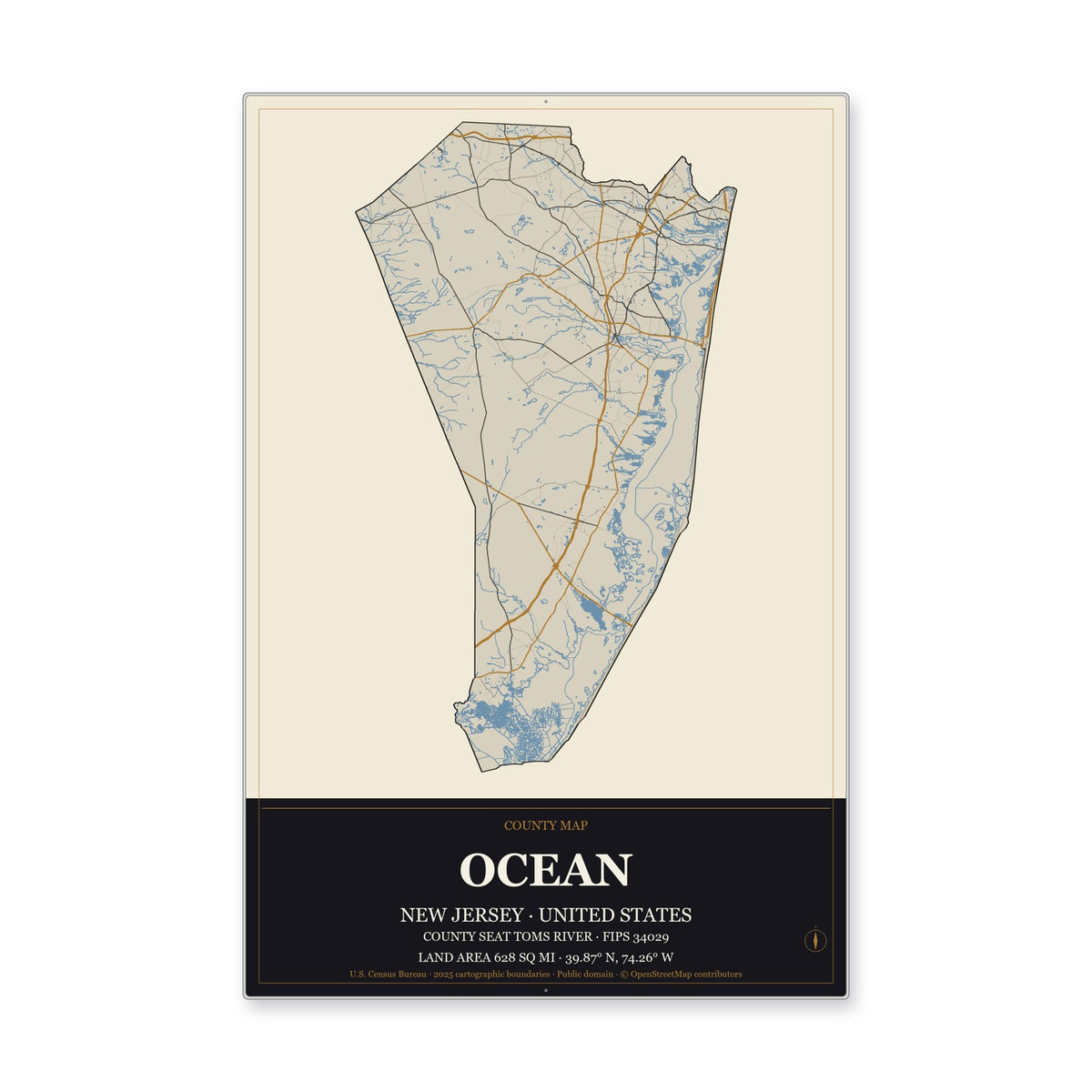 Ocean County, New Jersey Map Aluminum Sign in Museum Plaque style
