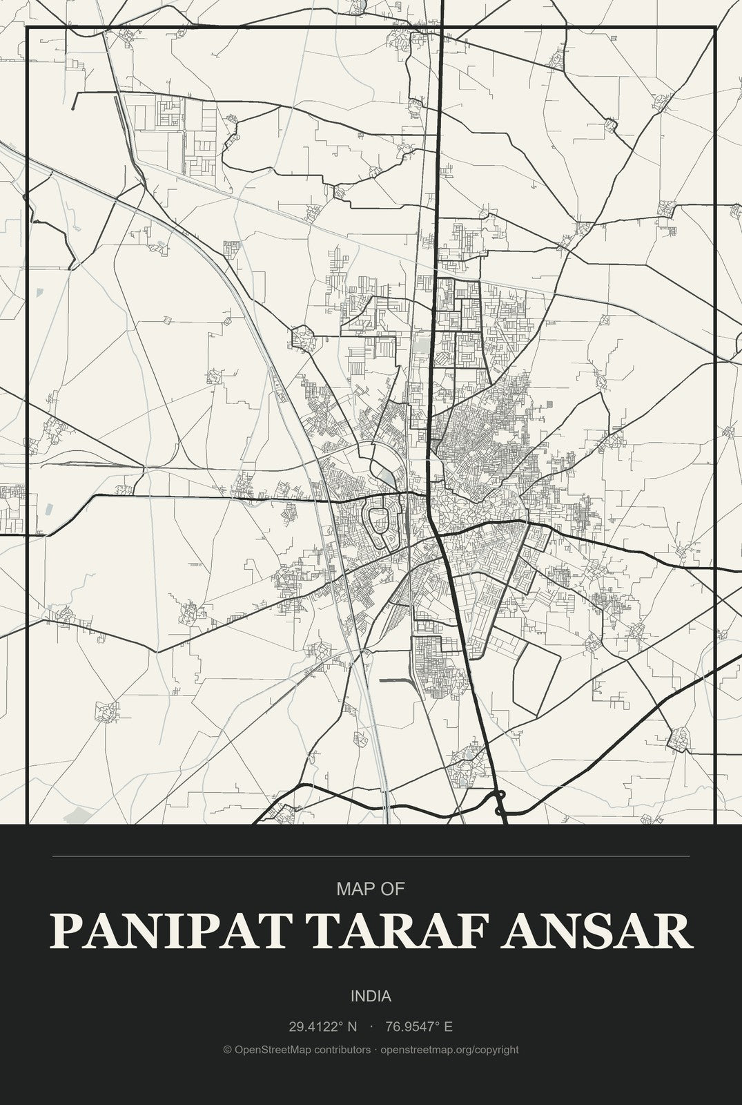 Panipat Taraf Ansar, India City Map Aluminum Sign in Museum Plaque style