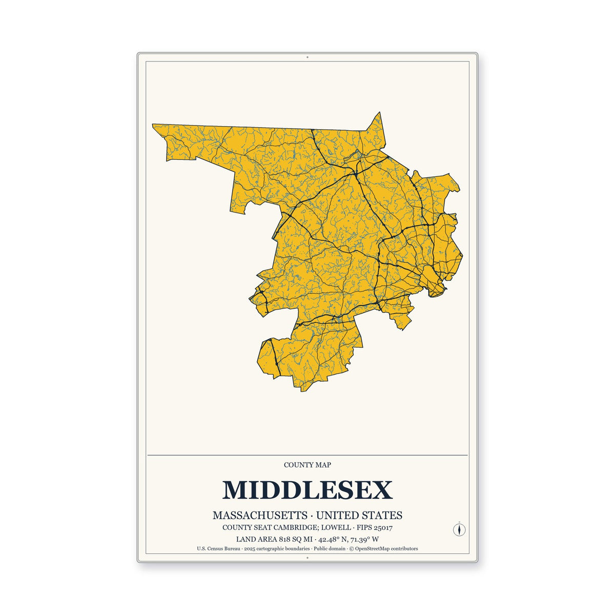Middlesex County, Massachusetts Map Aluminum Sign in Citrine Modern style