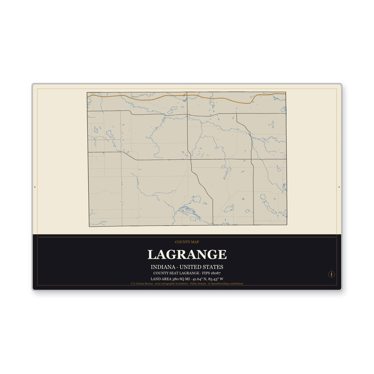 LaGrange County, Indiana Map Aluminum Sign in Museum Plaque style