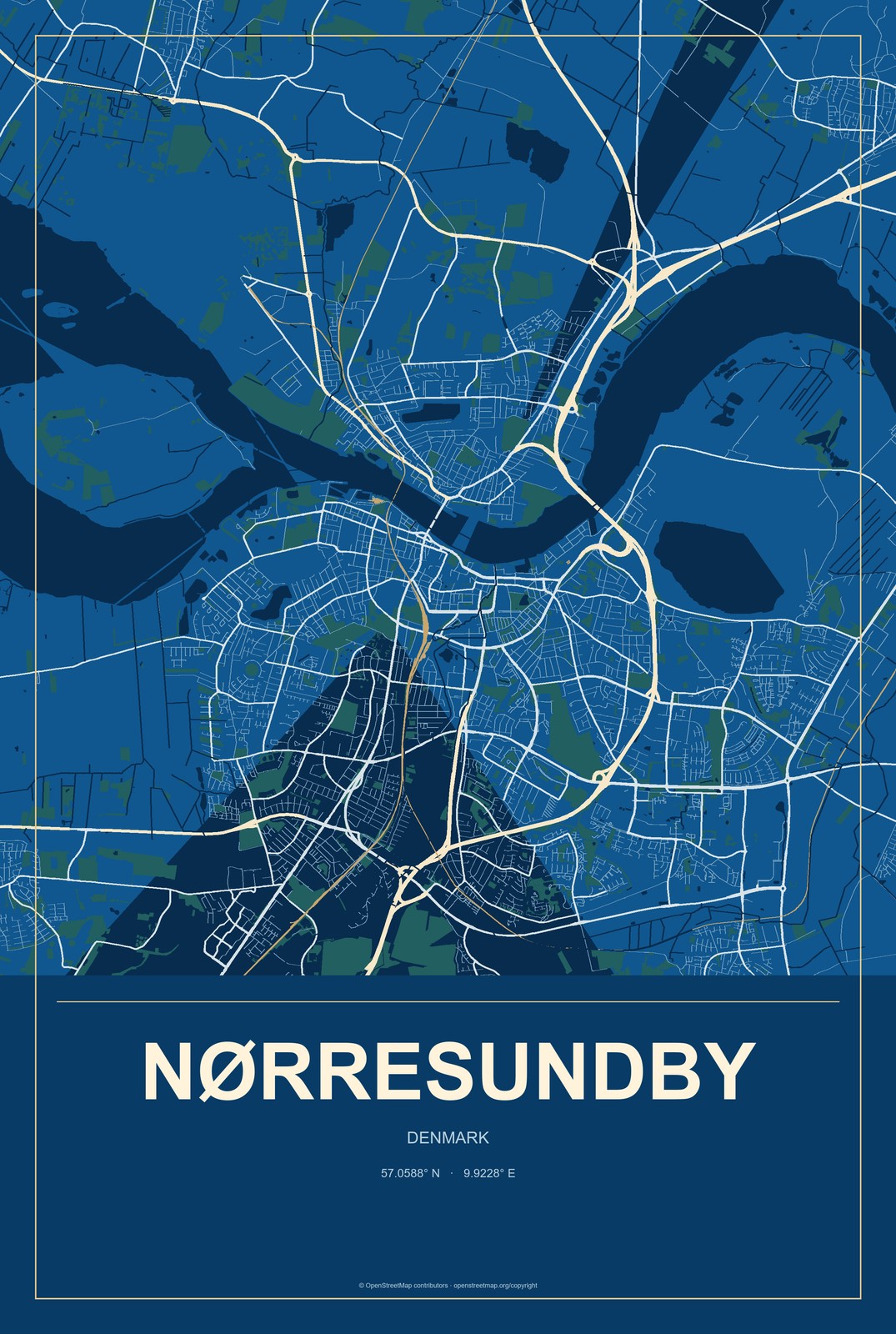 Nørresundby, Denmark City Map Aluminum Sign in Harbor Cobalt style