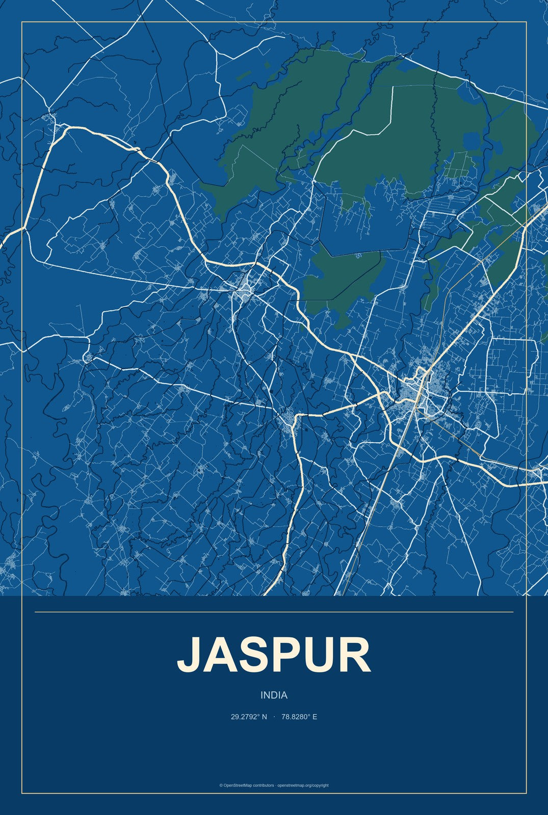 Jaspur, India City Map Aluminum Sign in Harbor Cobalt style