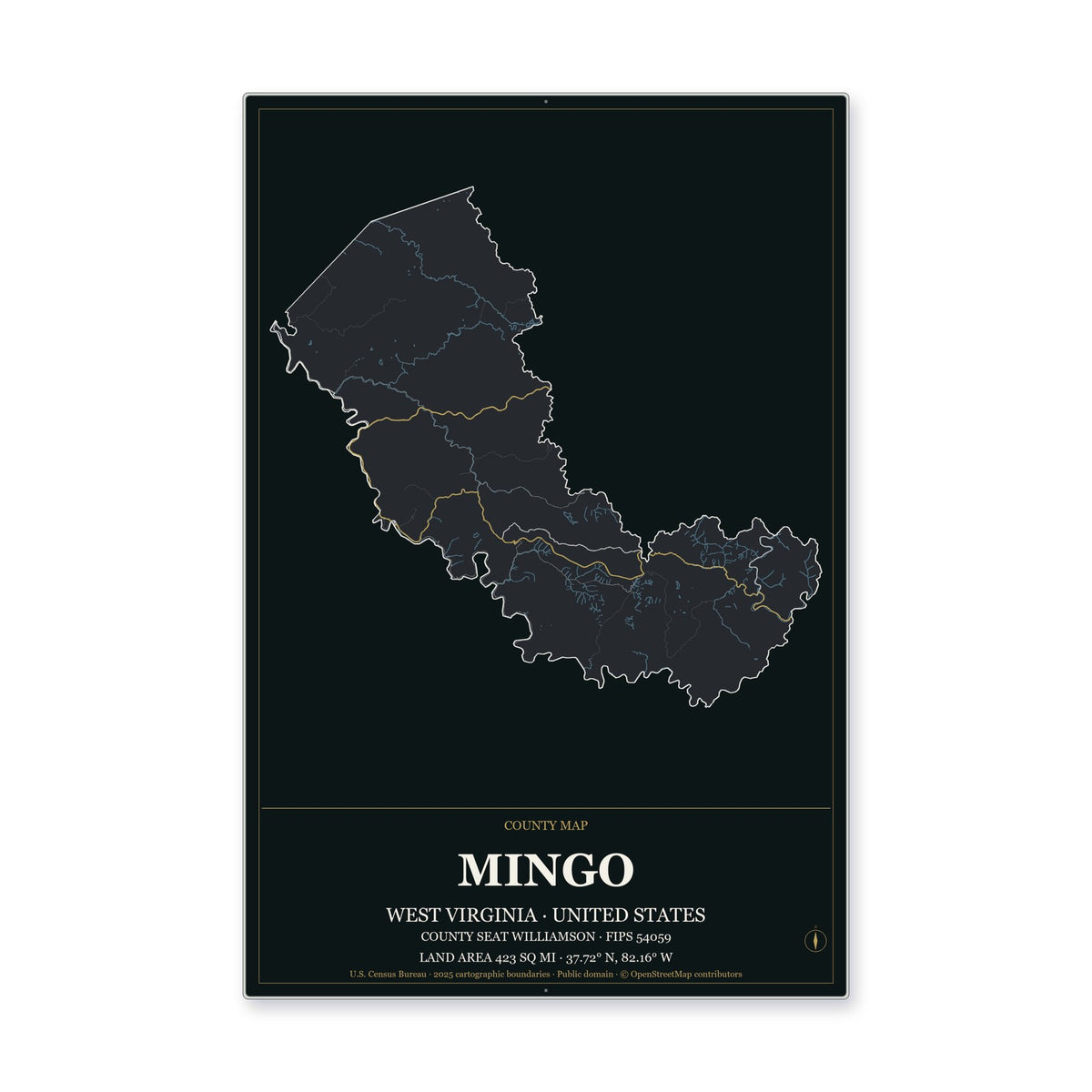 Mingo County, West Virginia Map Aluminum Sign in Metropolitan Noir style