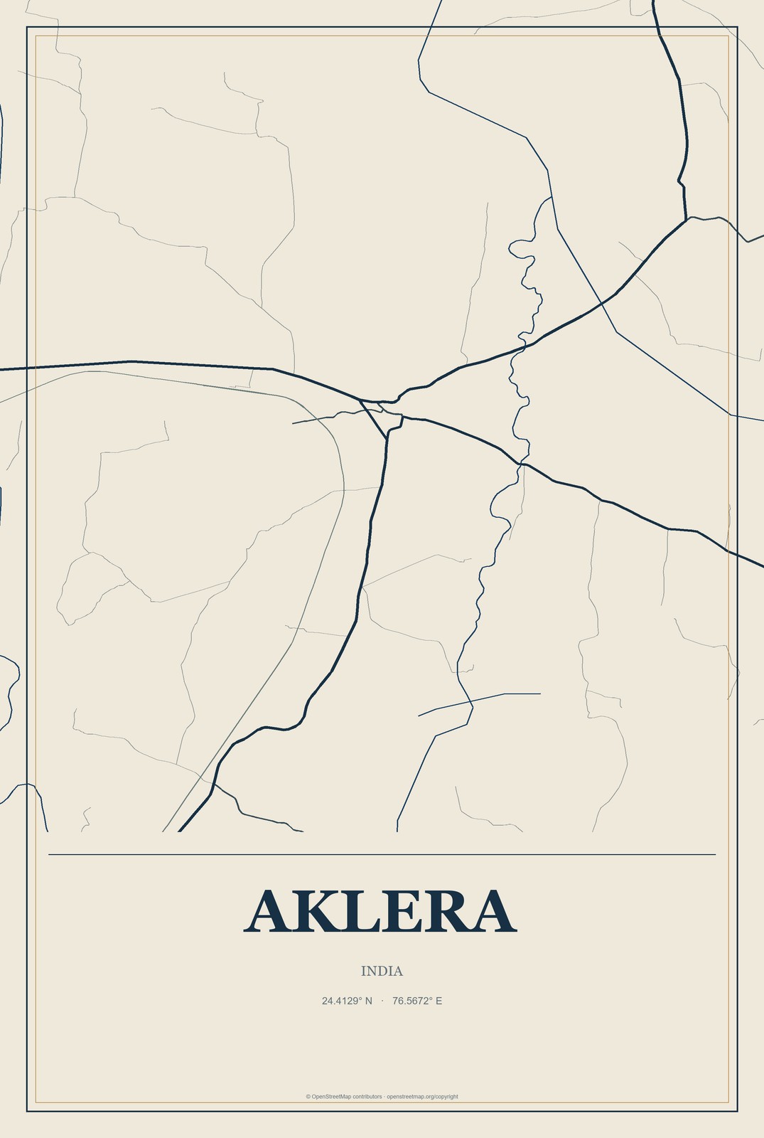 Aklera, India City Map Aluminum Sign in Coastal Cutout style