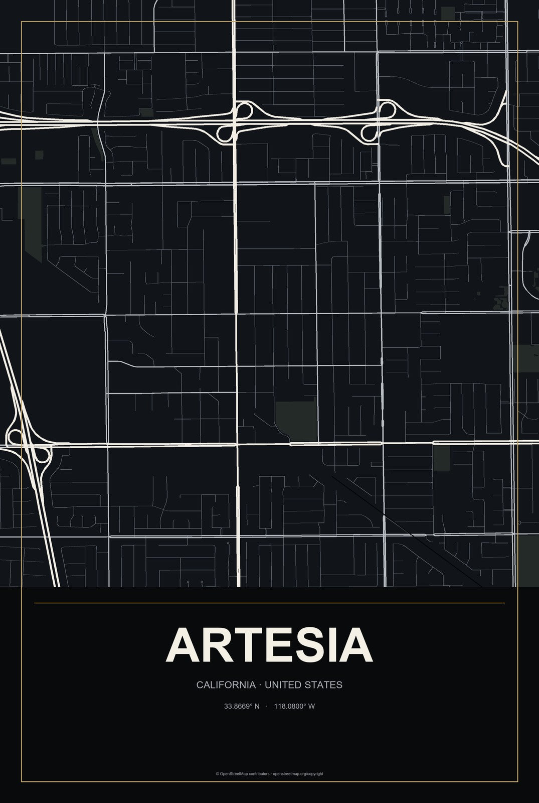 Artesia, California City Map Aluminum Sign in Metropolitan Noir style