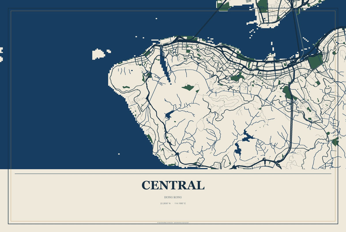 Central, Hong Kong City Map Aluminum Sign in Coastal Cutout style