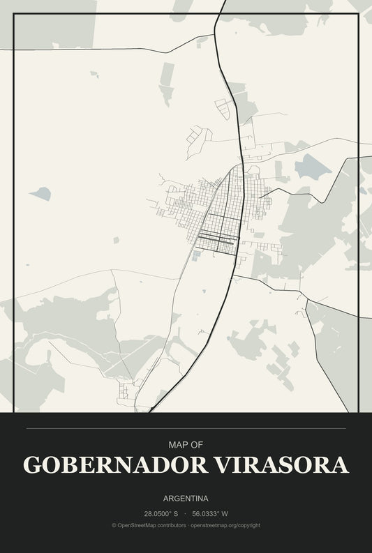 Gobernador Virasora, Argentina City Map Aluminum Sign in Museum Plaque style