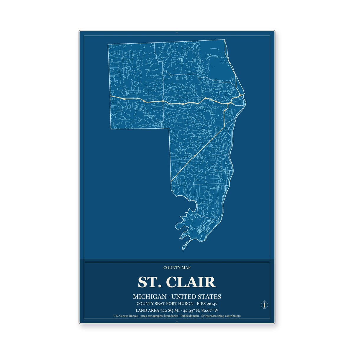 St. Clair County, Michigan Map Aluminum Sign in Harbor Cobalt style