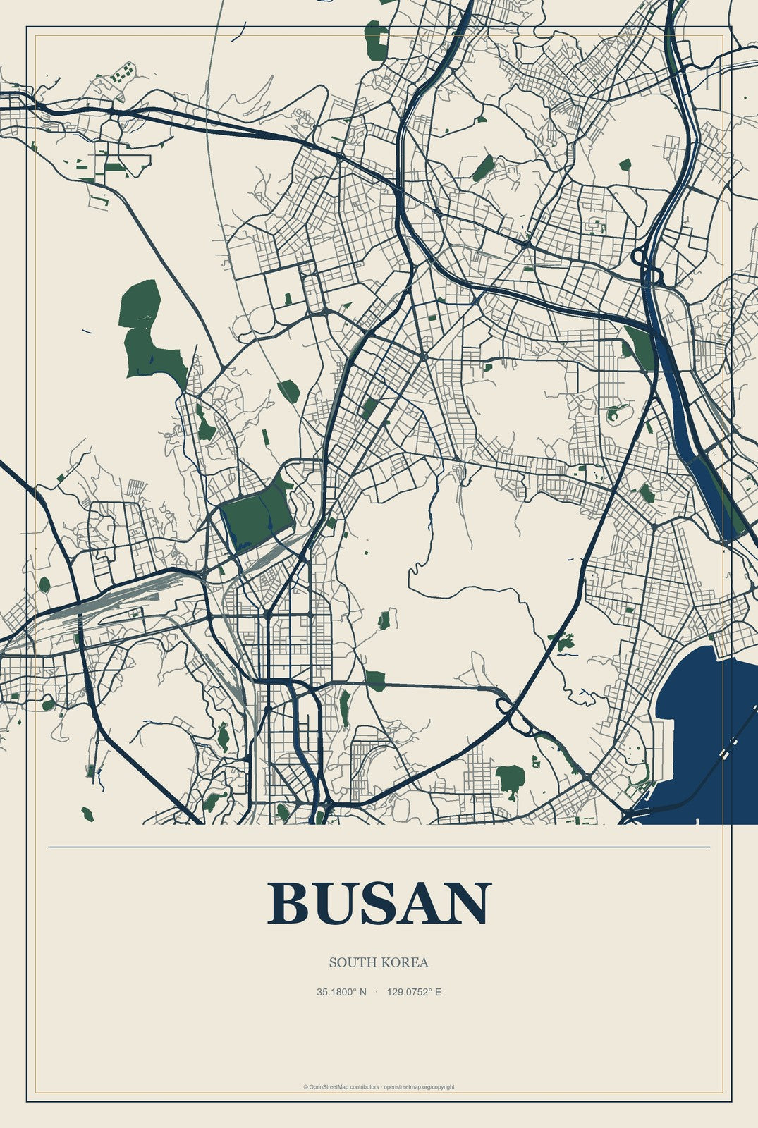 Busan, South Korea City Map Aluminum Sign in Coastal Cutout style