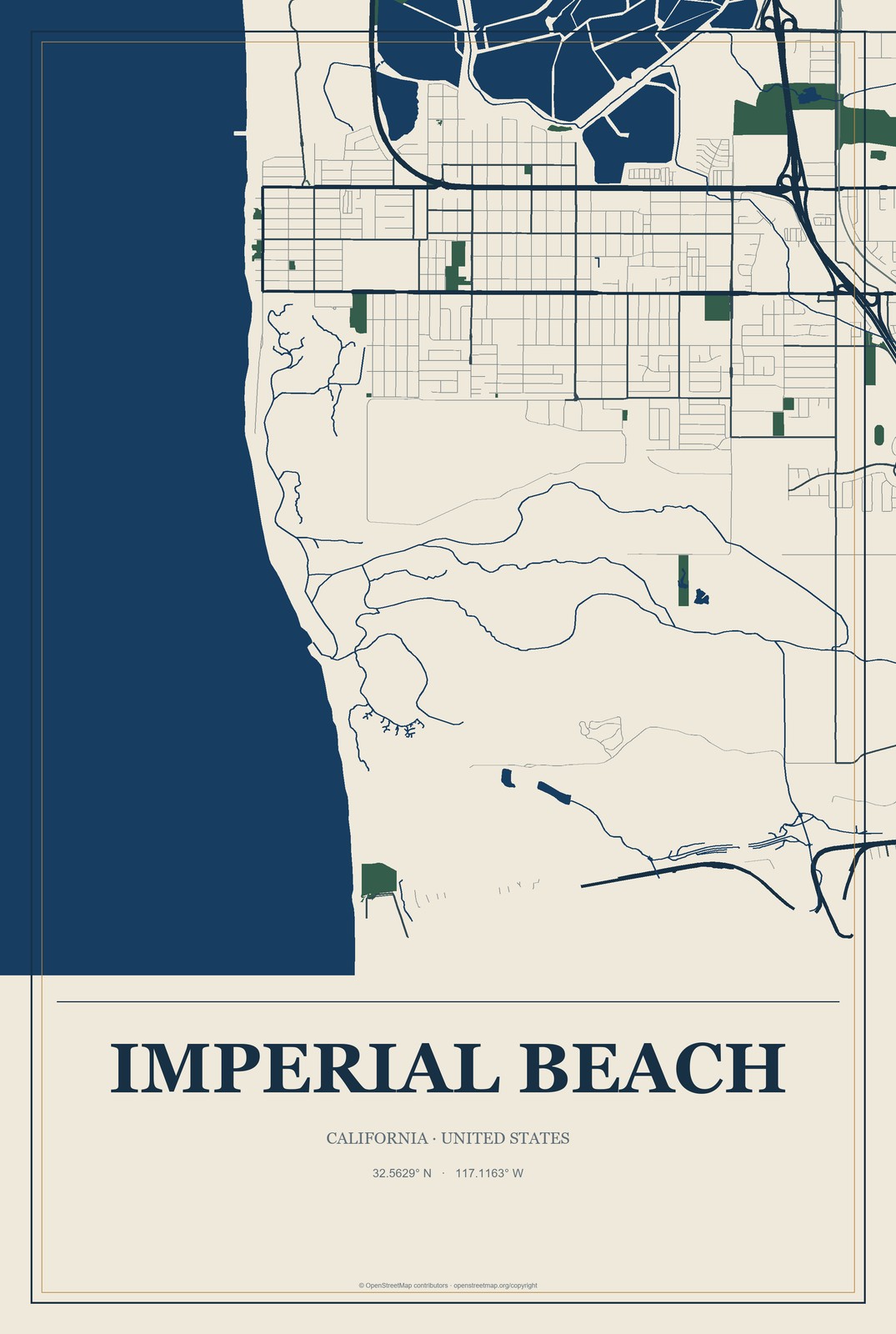 Imperial Beach, California City Map Aluminum Sign in Coastal Cutout style