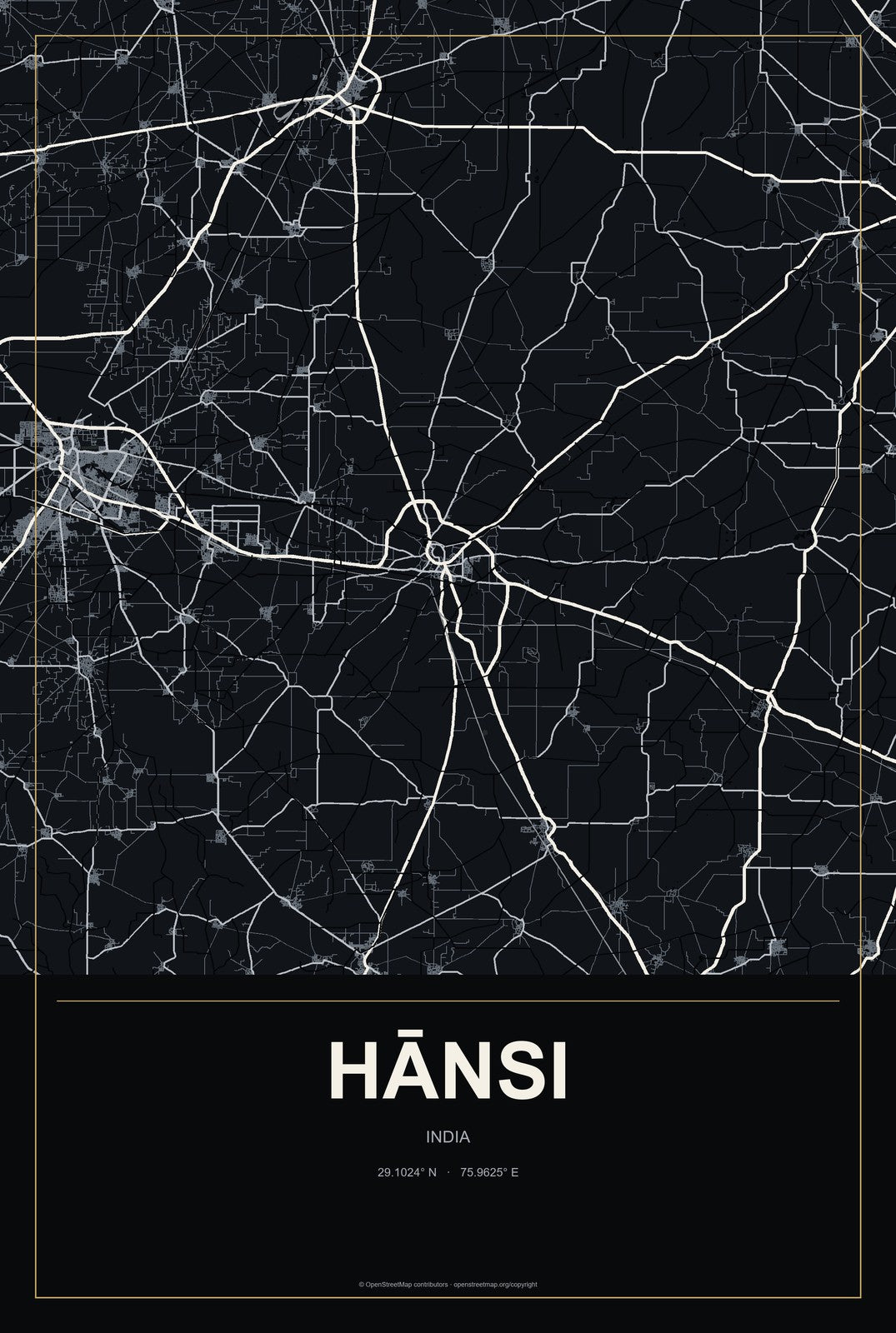Hānsi, India City Map Aluminum Sign in Metropolitan Noir style