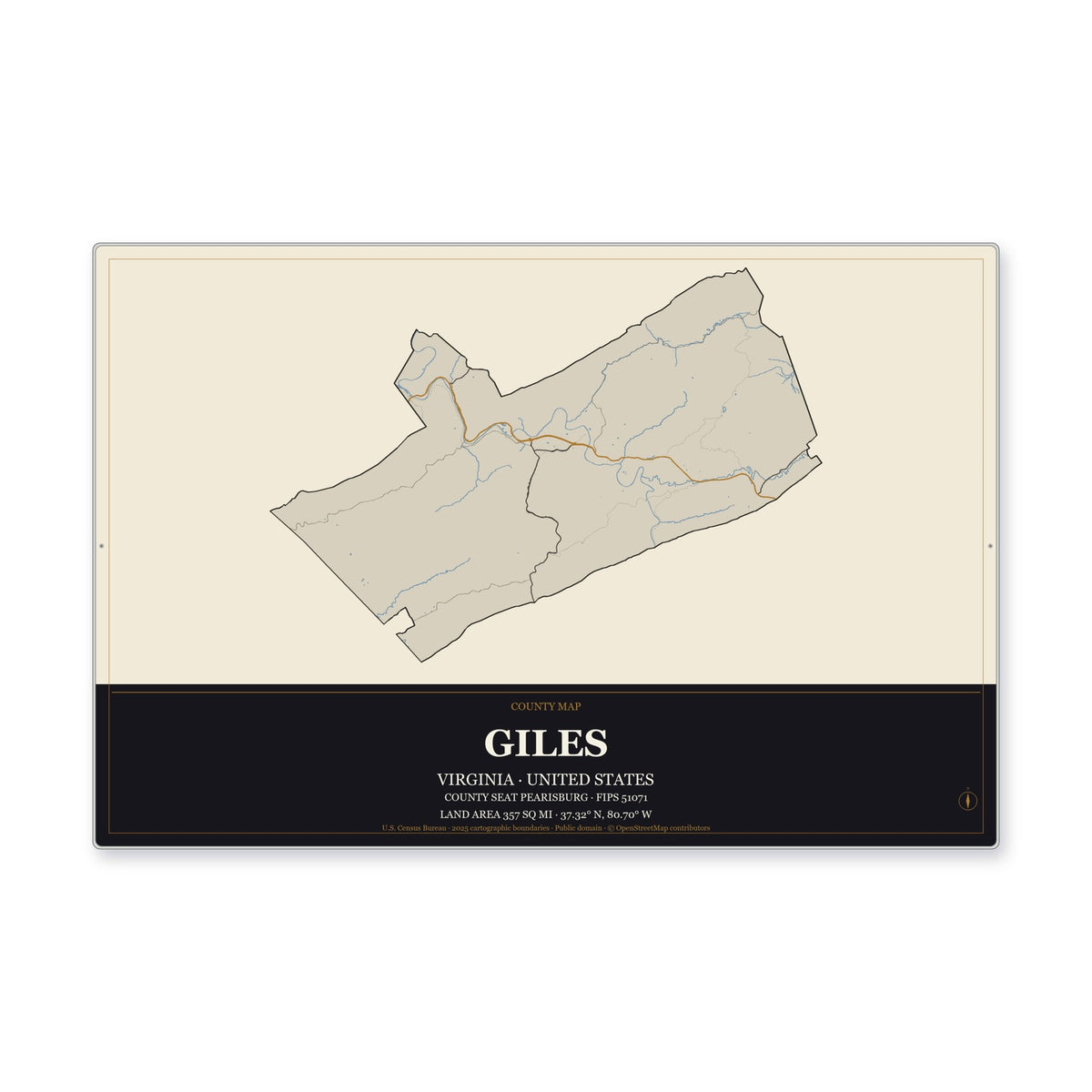 Giles County, Virginia Map Aluminum Sign in Museum Plaque style