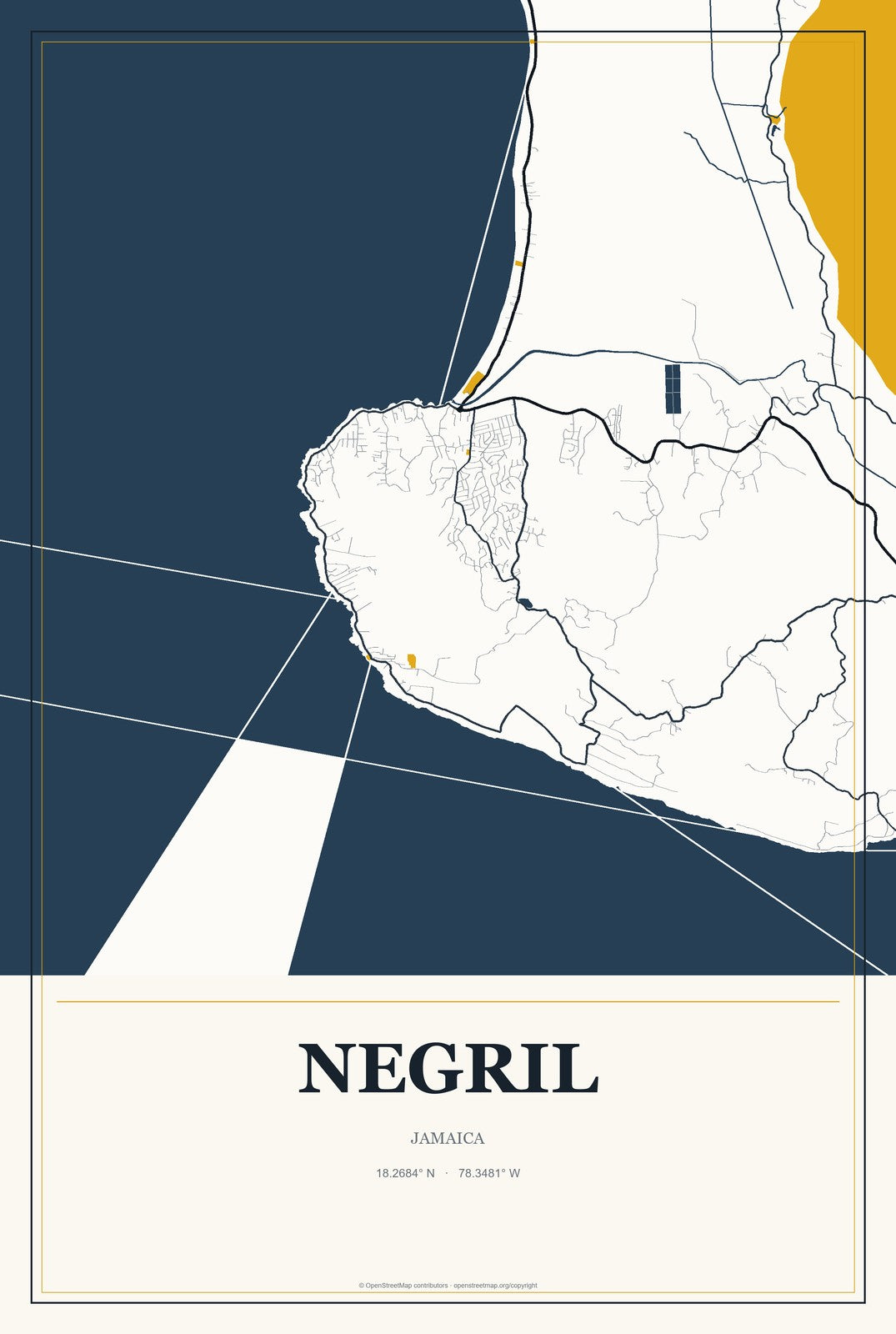 Negril, Jamaica City Map Aluminum Sign in Citrine Modern style