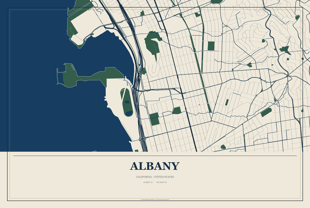 Albany, California City Map Aluminum Sign in Coastal Cutout style