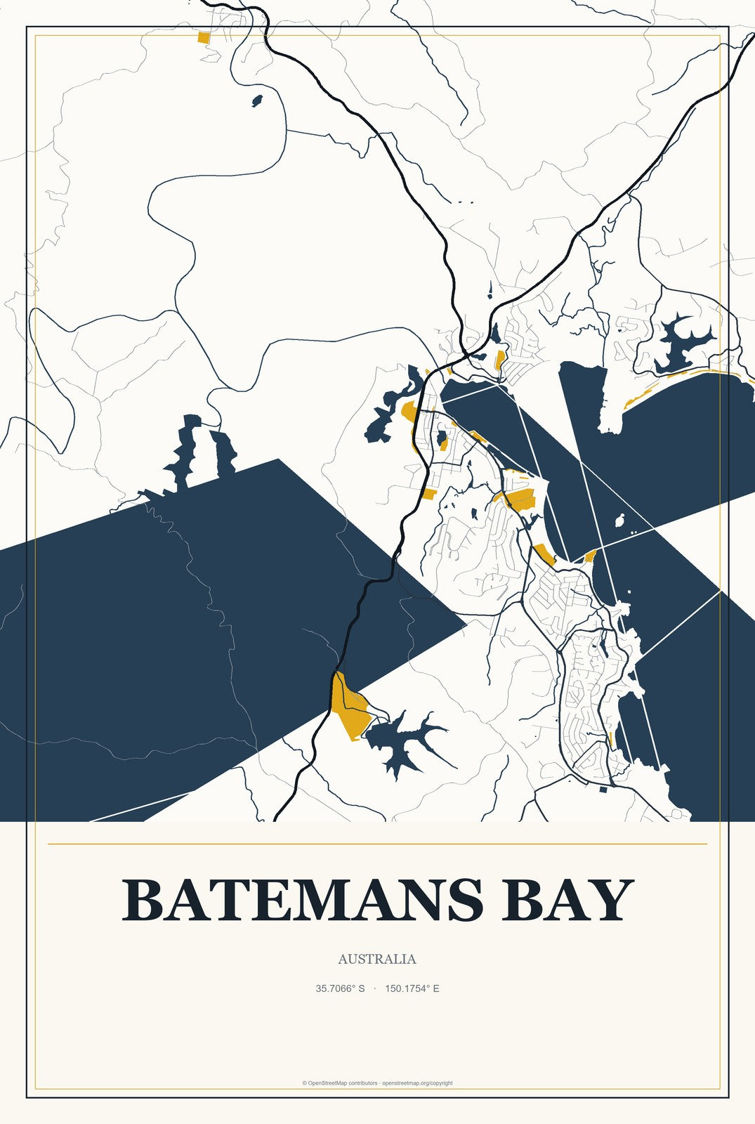 Batemans Bay, Australia City Map Aluminum Sign in Citrine Modern style