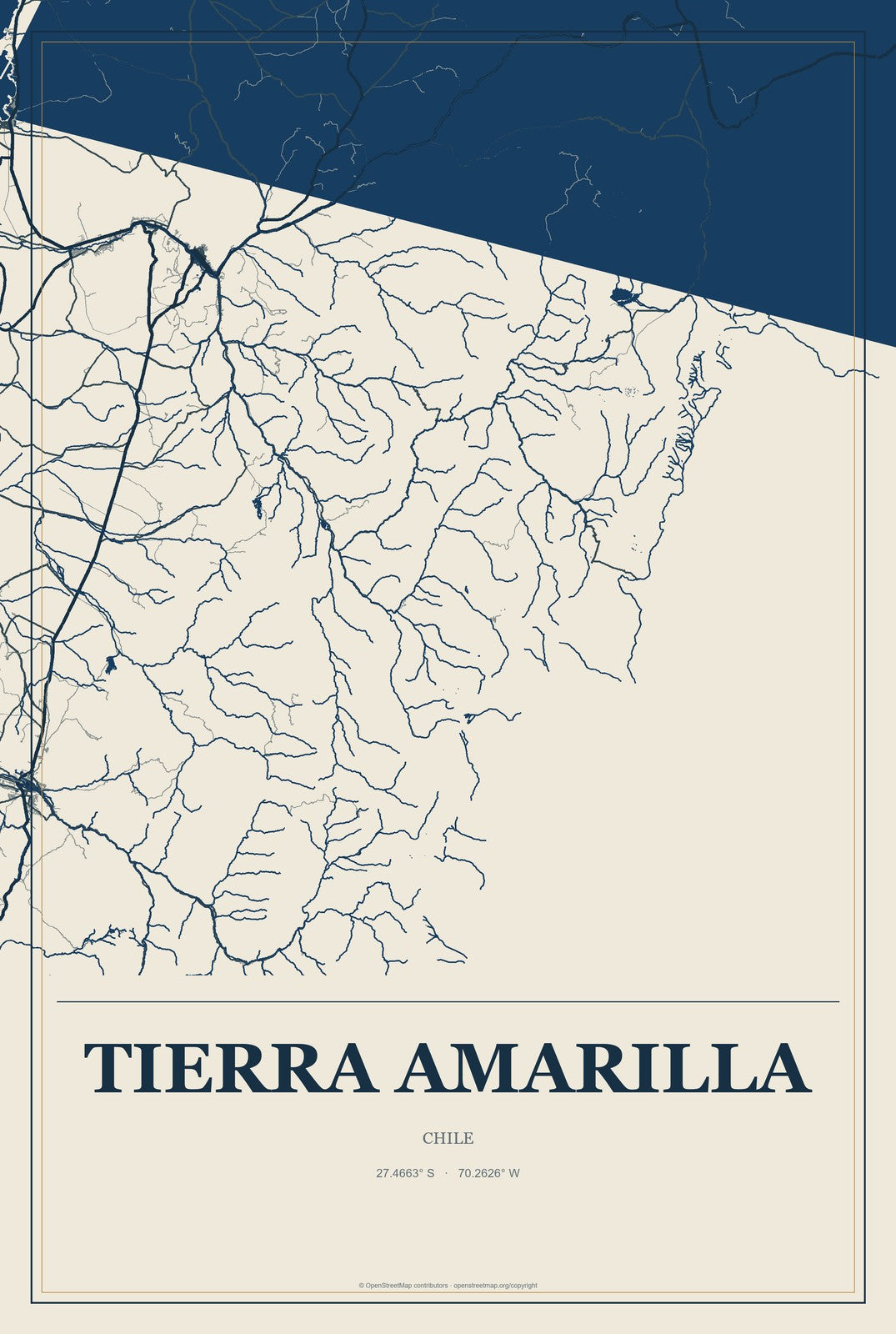 Tierra Amarilla, Chile City Map Aluminum Sign in Coastal Cutout style