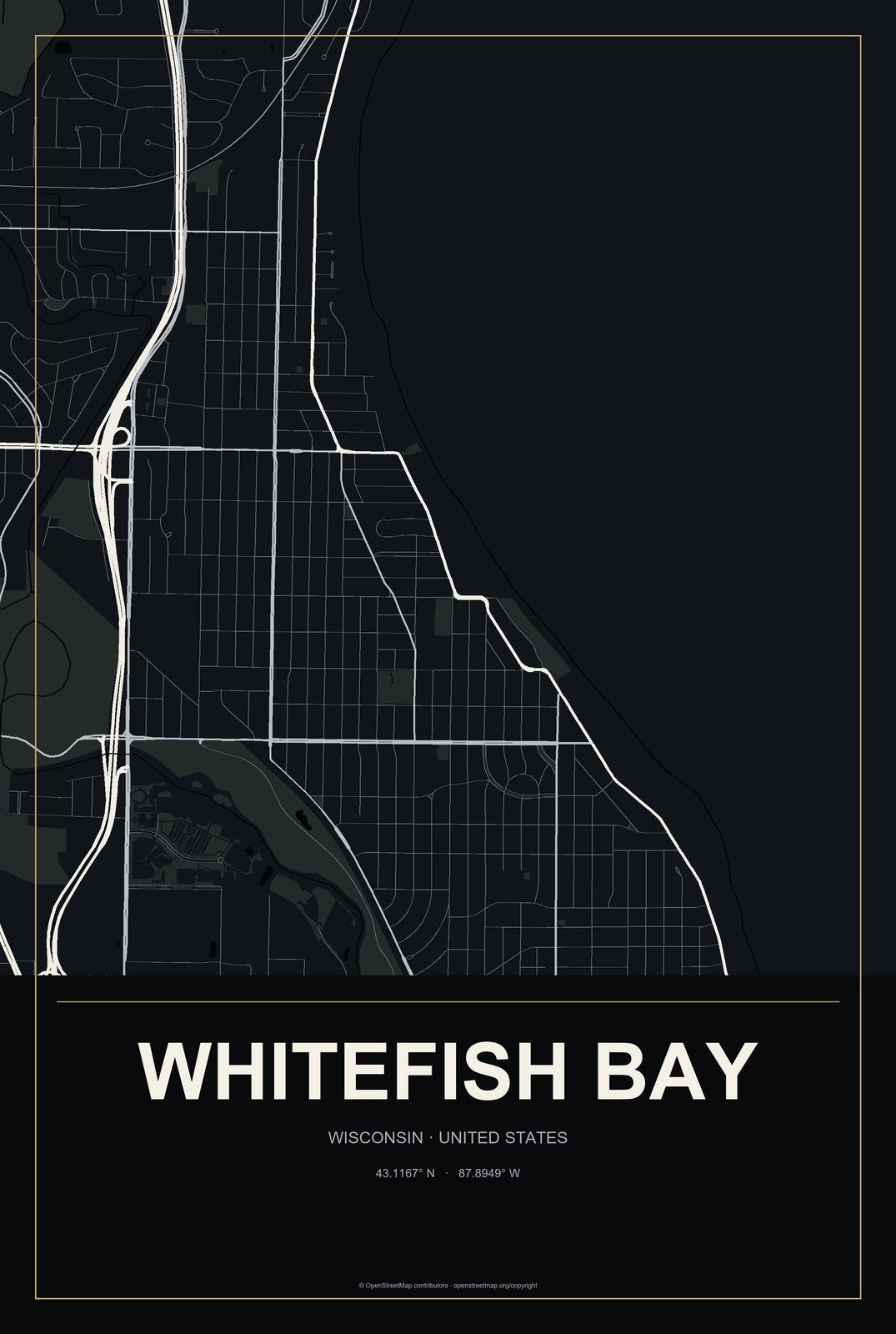 Whitefish Bay, Wisconsin City Map Aluminum Sign in Metropolitan Noir style