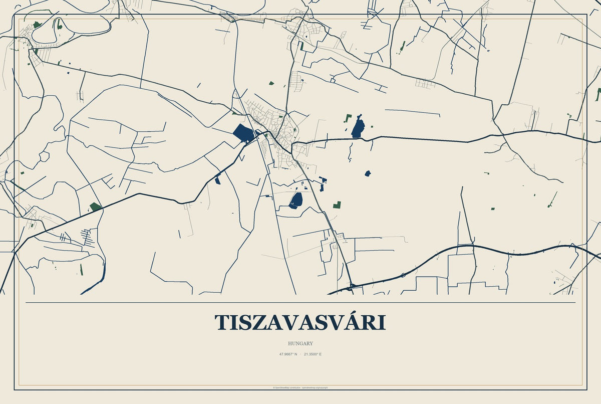 Tiszavasvári, Hungary City Map Aluminum Sign in Coastal Cutout style