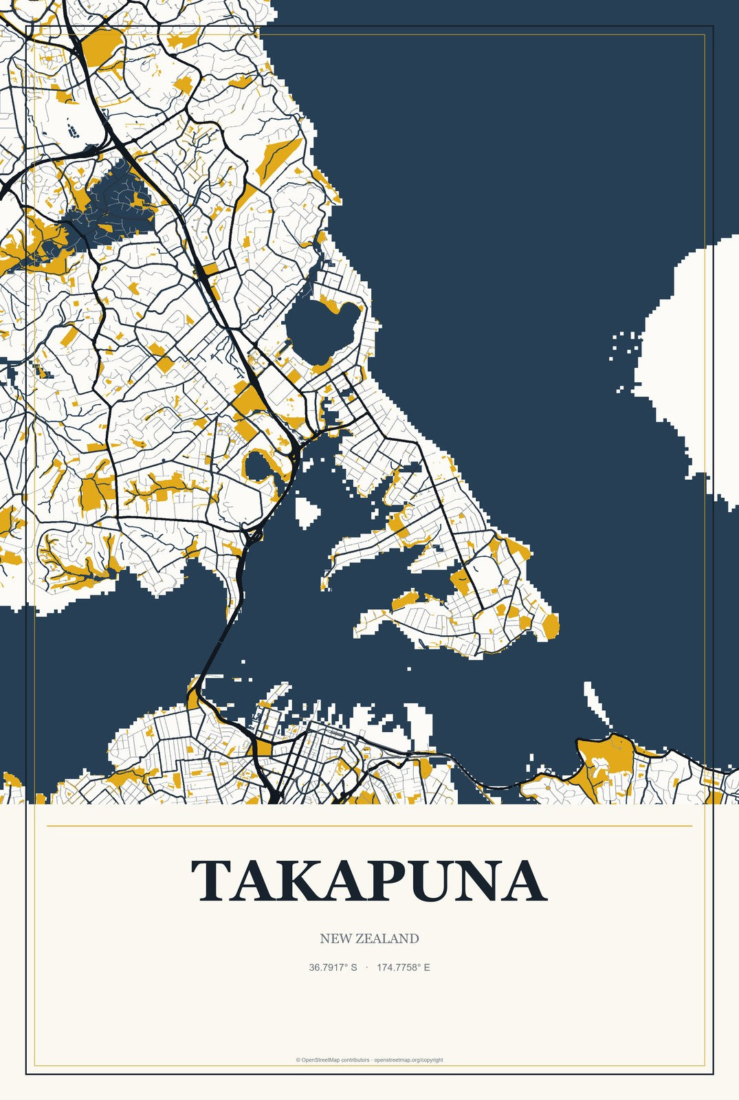 Takapuna, New Zealand City Map Aluminum Sign in Citrine Modern style