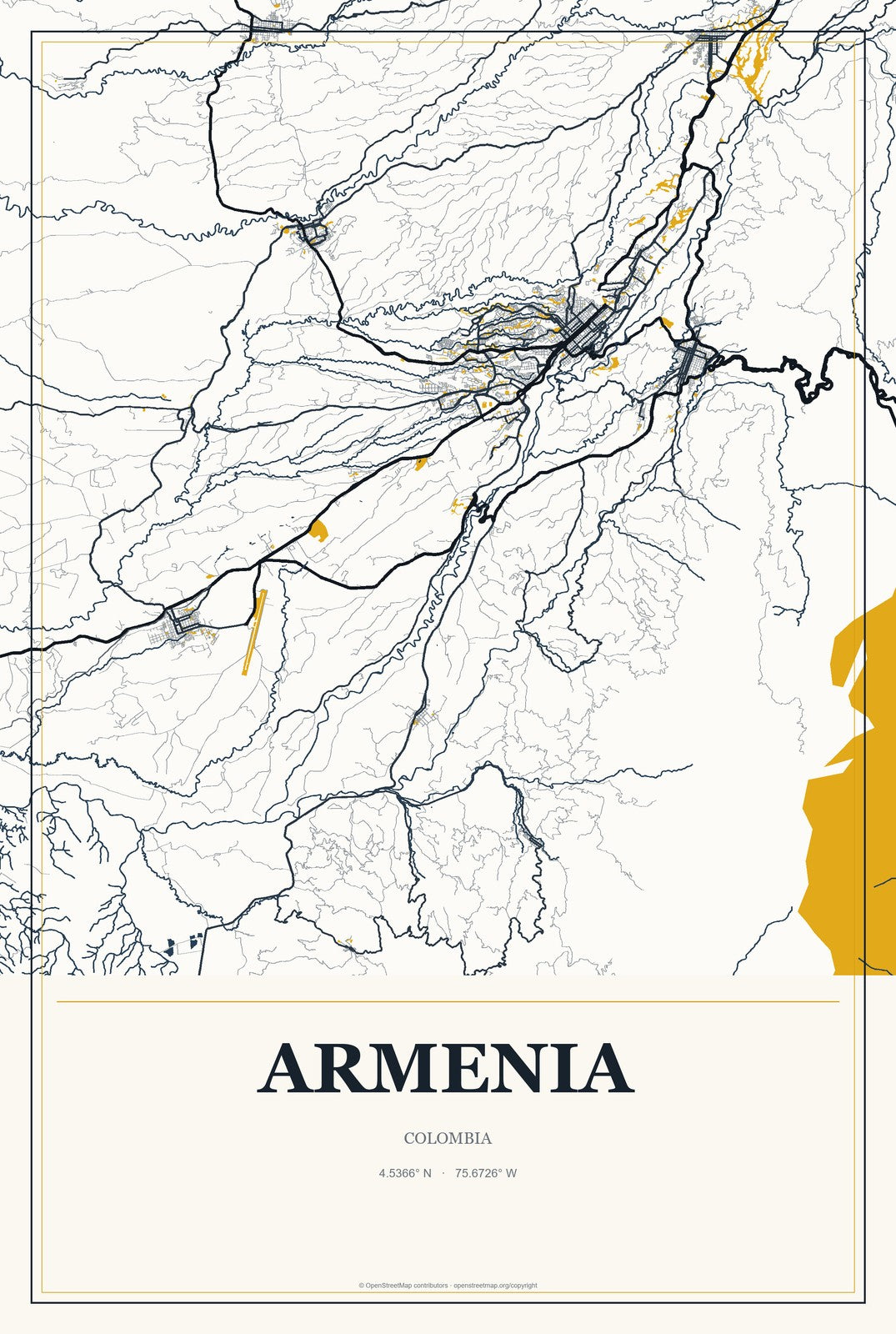 Armenia, Colombia City Map Aluminum Sign in Citrine Modern style