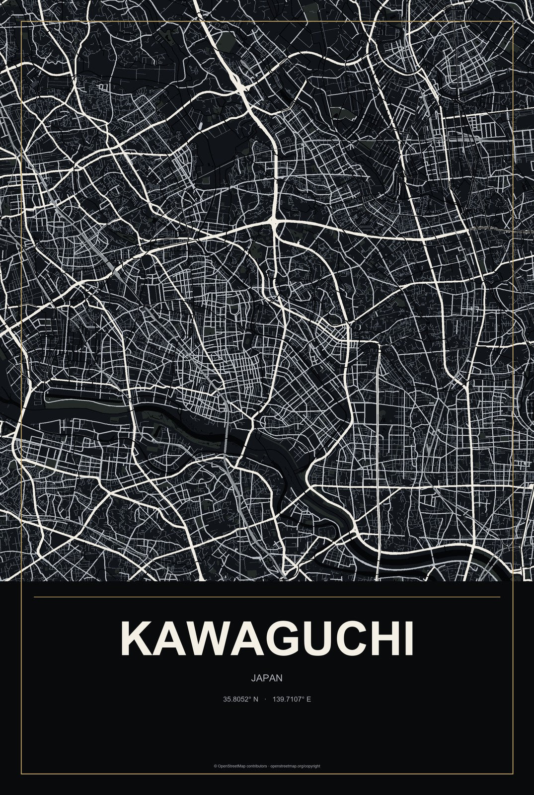 Kawaguchi, Japan City Map Aluminum Sign in Metropolitan Noir style