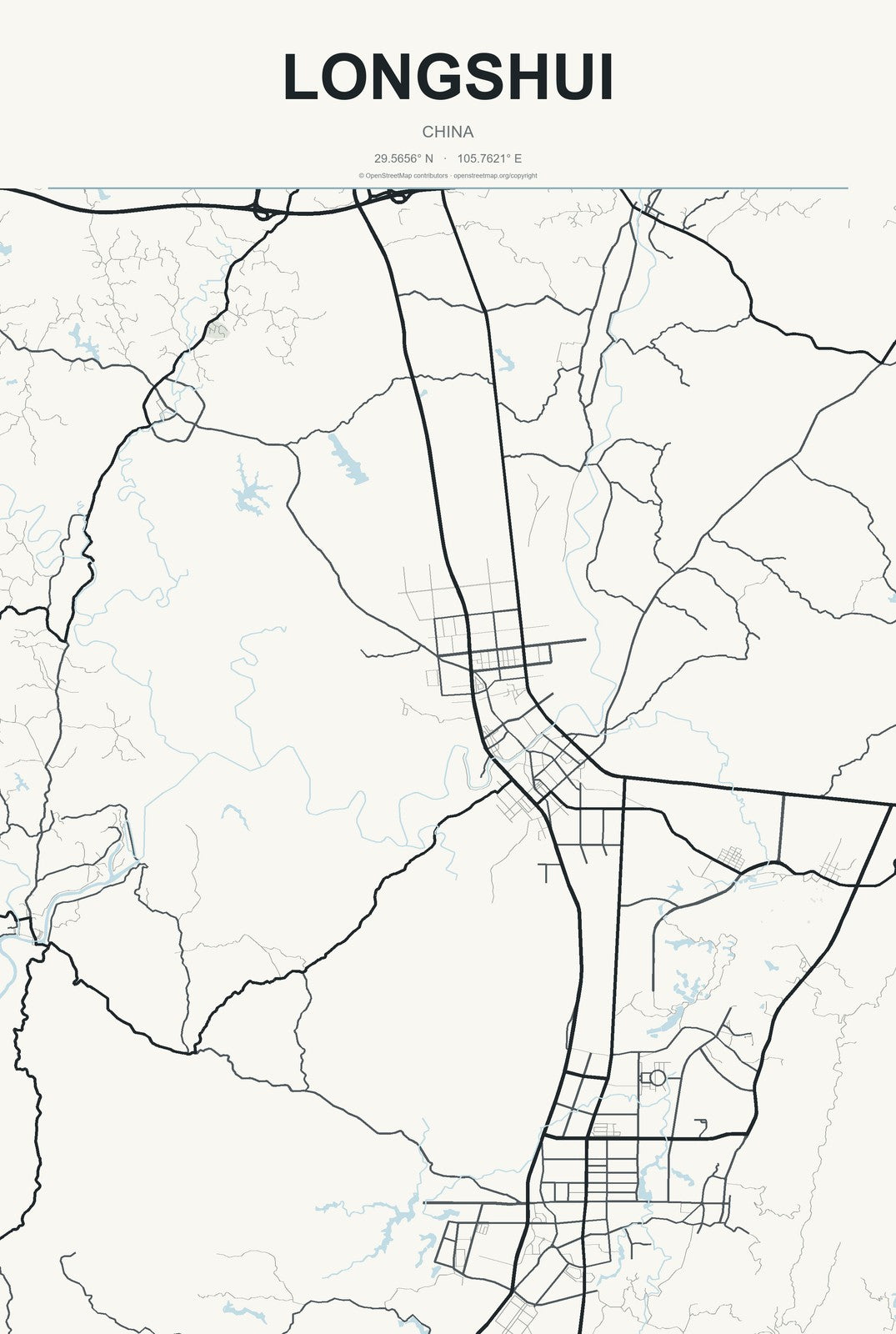 Longshui, China City Map Aluminum Sign in Headline Atlas style