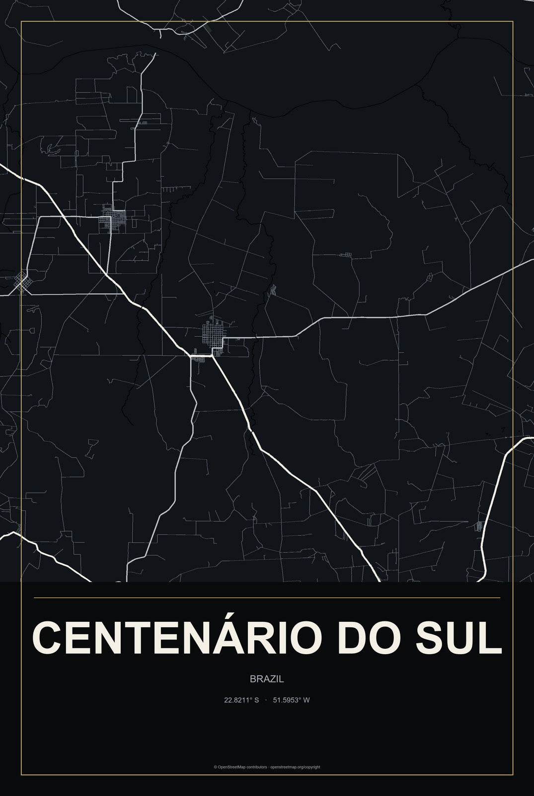 Centenário do Sul, Brazil City Map Aluminum Sign in Metropolitan Noir style