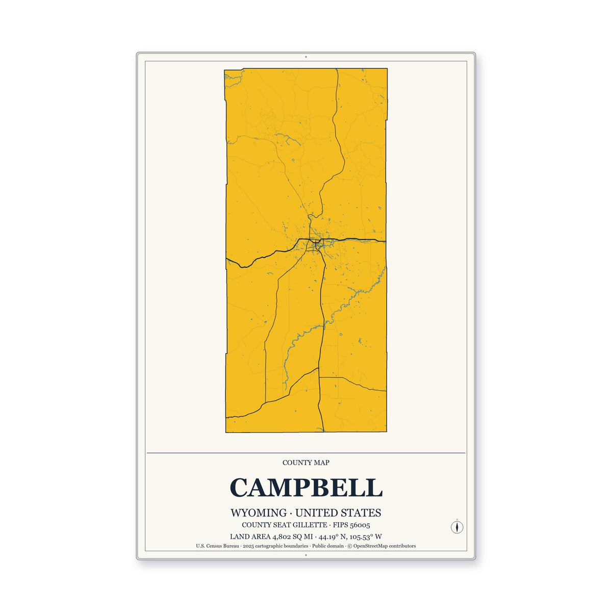 Campbell County, Wyoming Map Aluminum Sign in Citrine Modern style