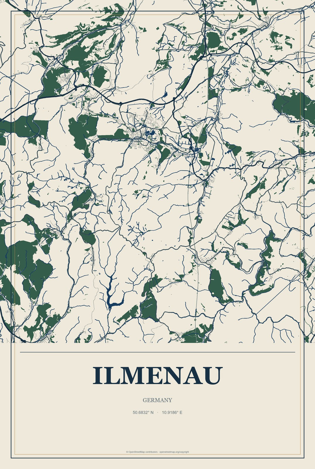 Ilmenau, Germany City Map Aluminum Sign in Coastal Cutout style