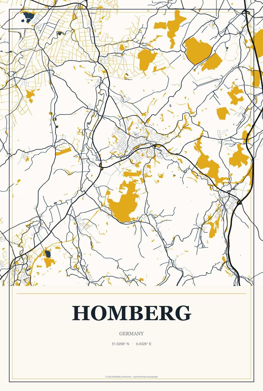Homberg, Germany City Map Aluminum Sign in Citrine Modern style
