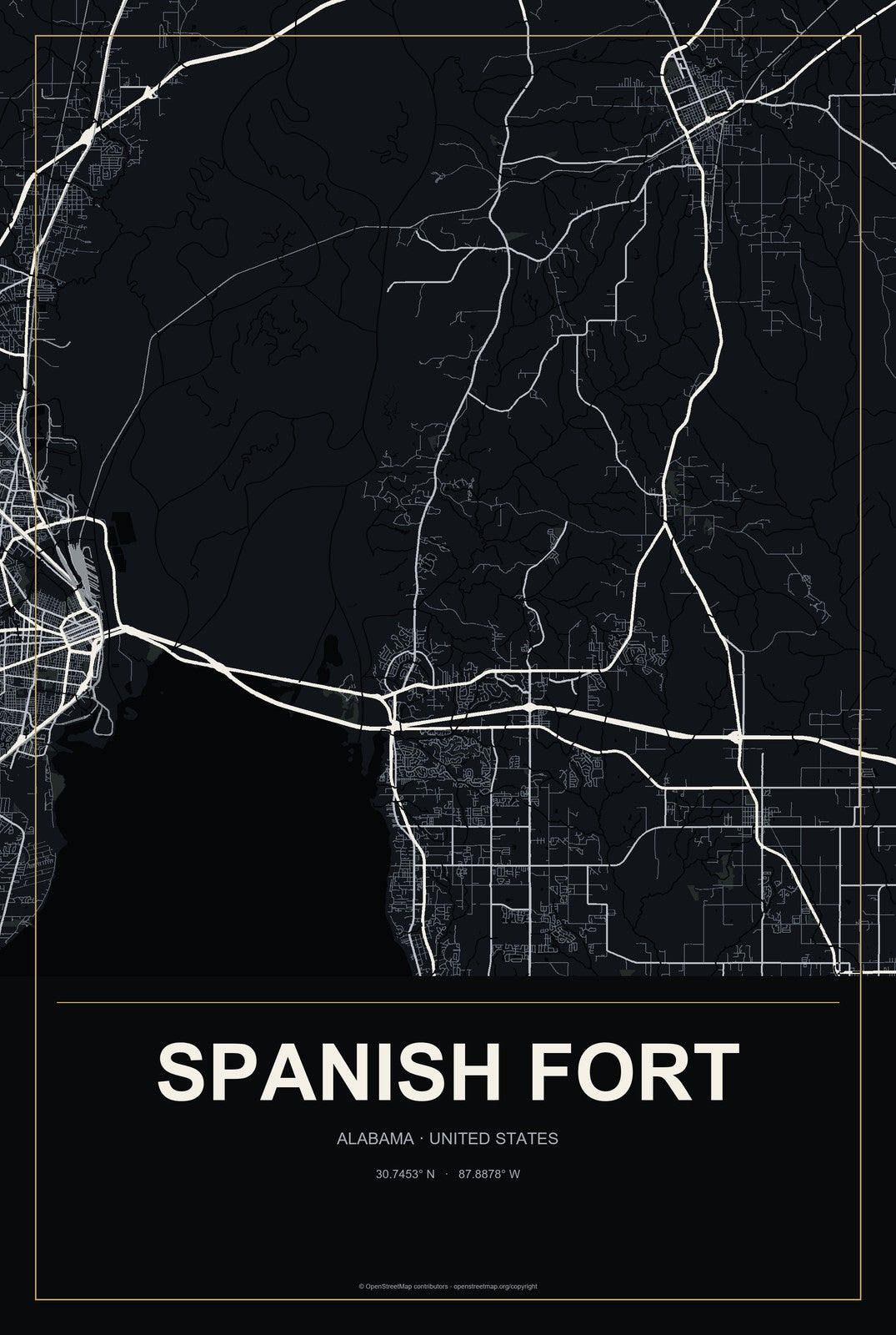 Spanish Fort, Alabama City Map Aluminum Sign in Metropolitan Noir style