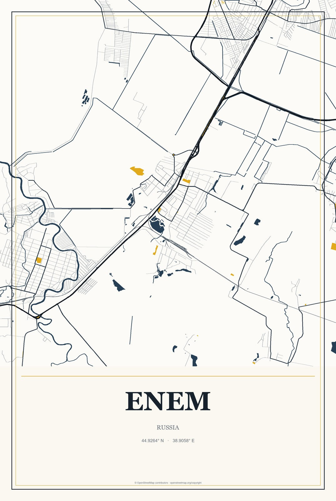 Enem, Russia City Map Aluminum Sign in Citrine Modern style