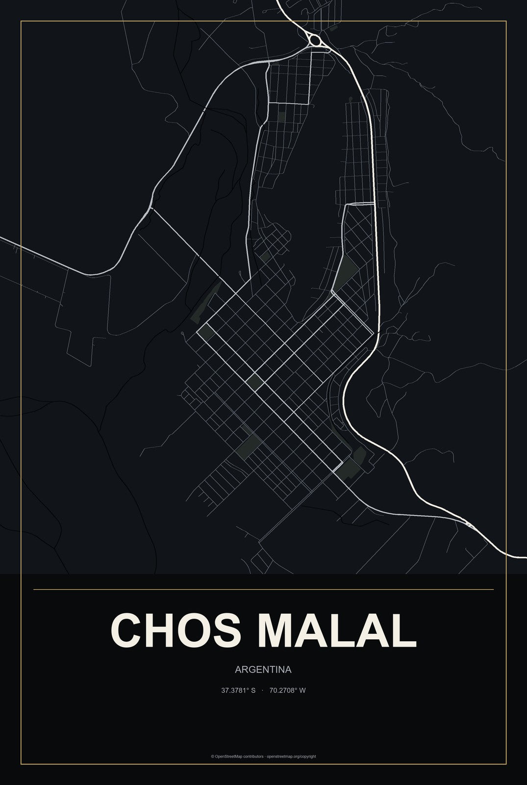Chos Malal, Argentina City Map Aluminum Sign in Metropolitan Noir style