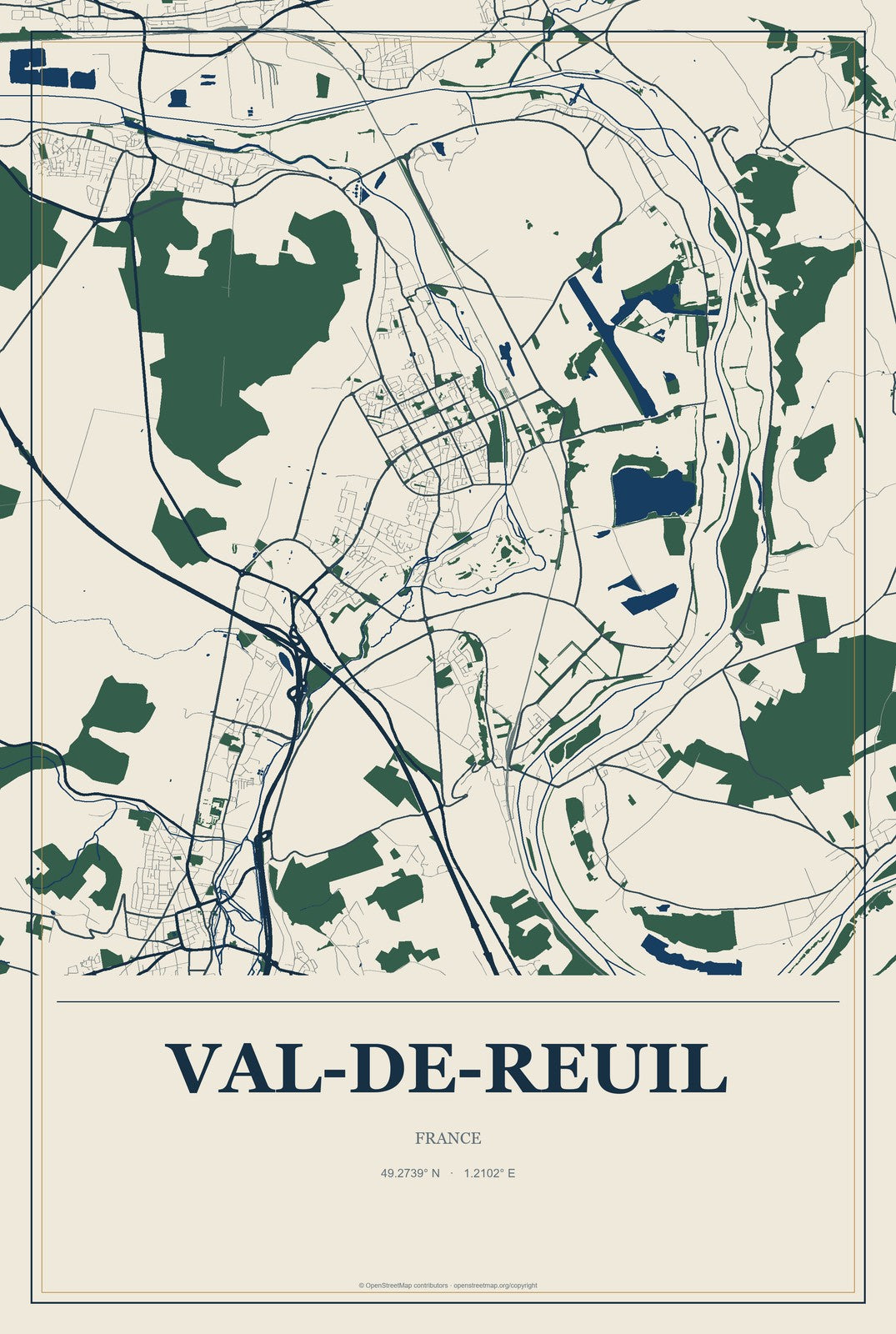 Val-de-Reuil, France City Map Aluminum Sign in Coastal Cutout style