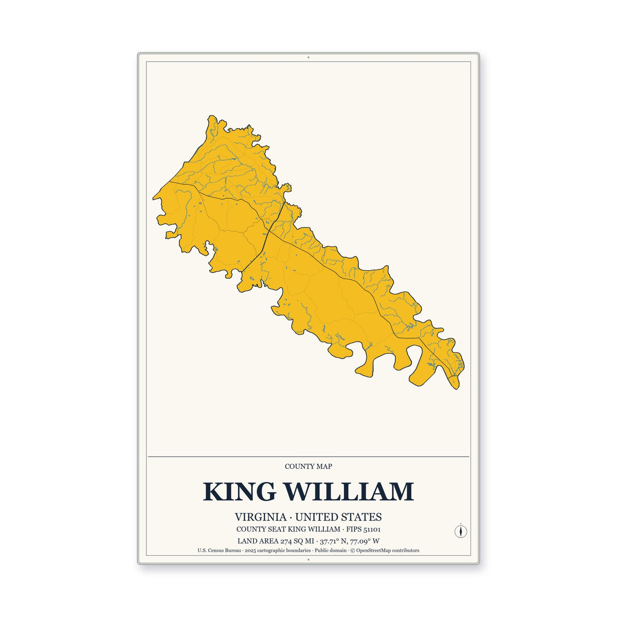 King William County, Virginia Map Aluminum Sign in Citrine Modern style