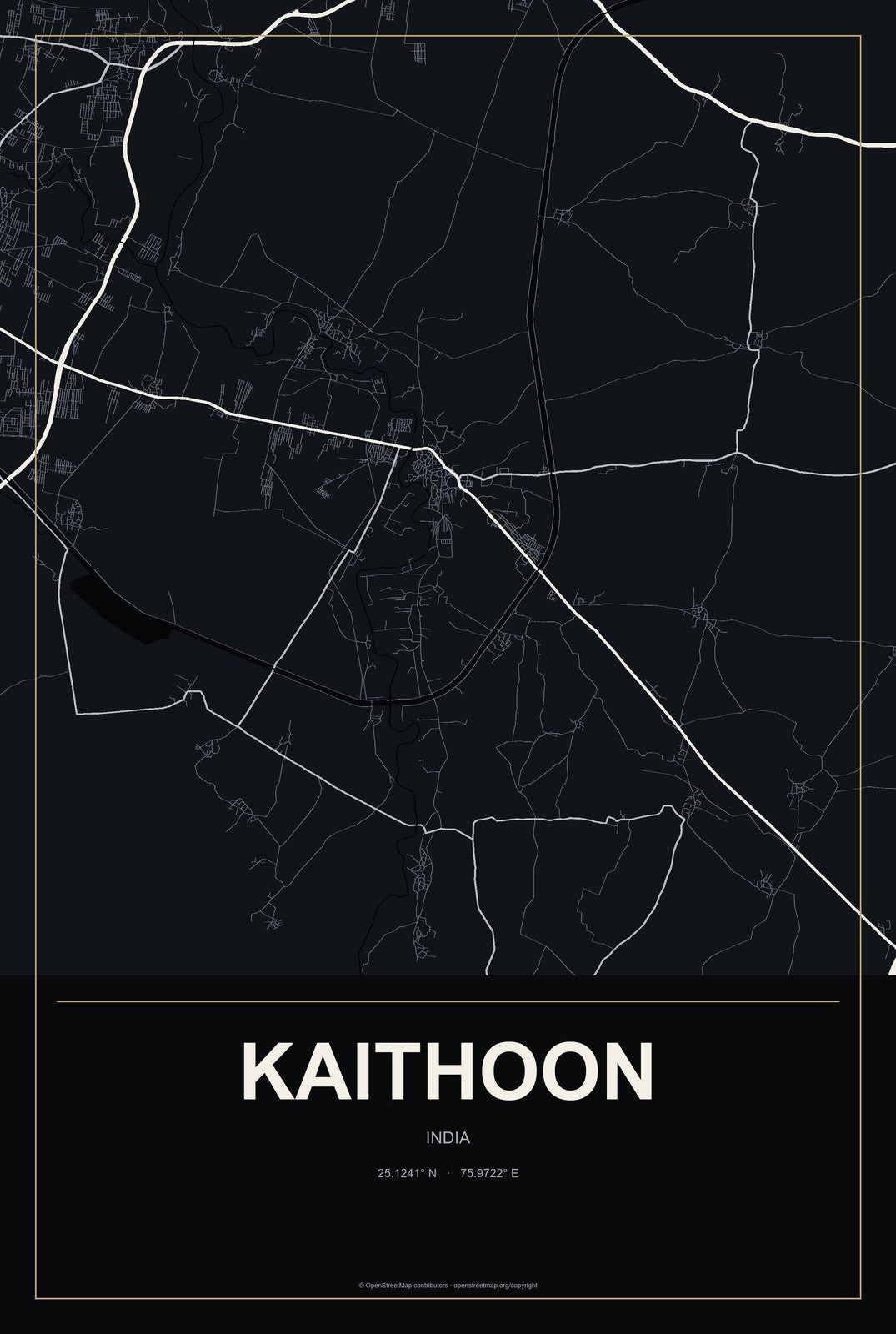 Kaithoon, India City Map Aluminum Sign in Metropolitan Noir style