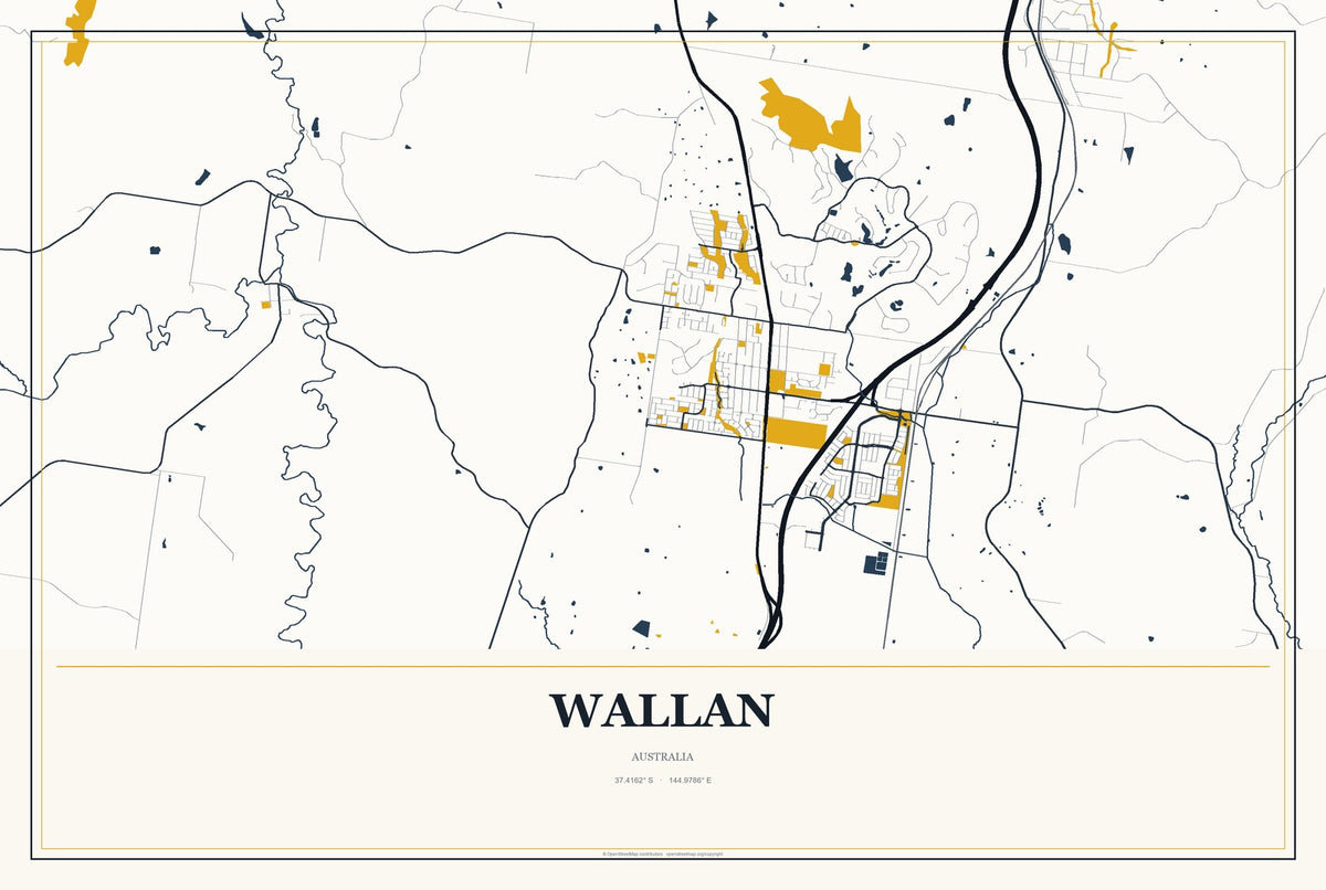 Wallan, Australia City Map Aluminum Sign in Citrine Modern style
