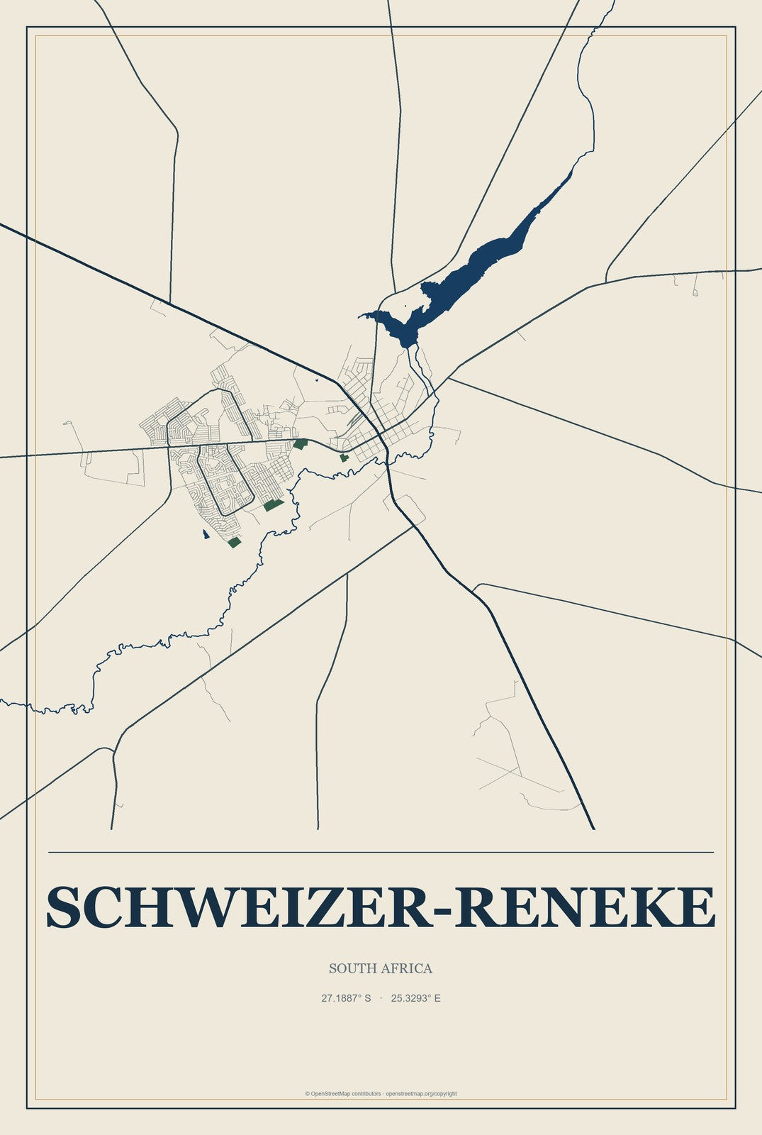 Schweizer-Reneke, South Africa City Map Aluminum Sign in Coastal Cutout style