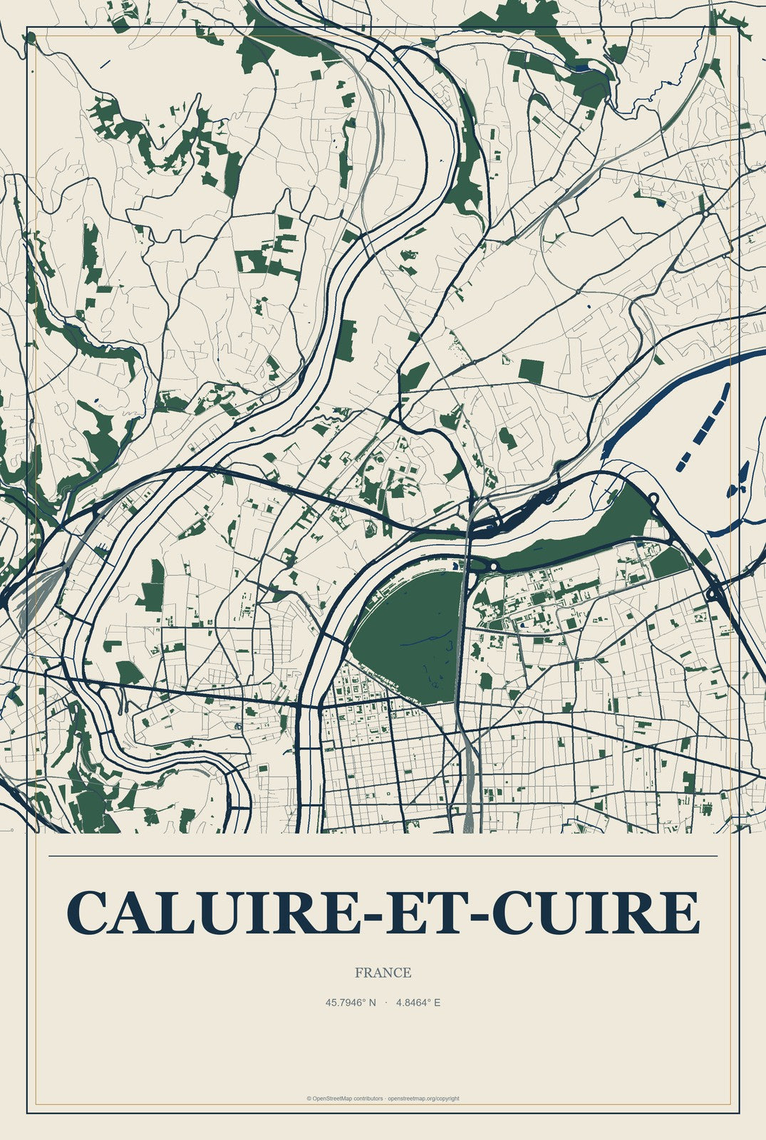 Caluire-et-Cuire, France City Map Aluminum Sign in Coastal Cutout style