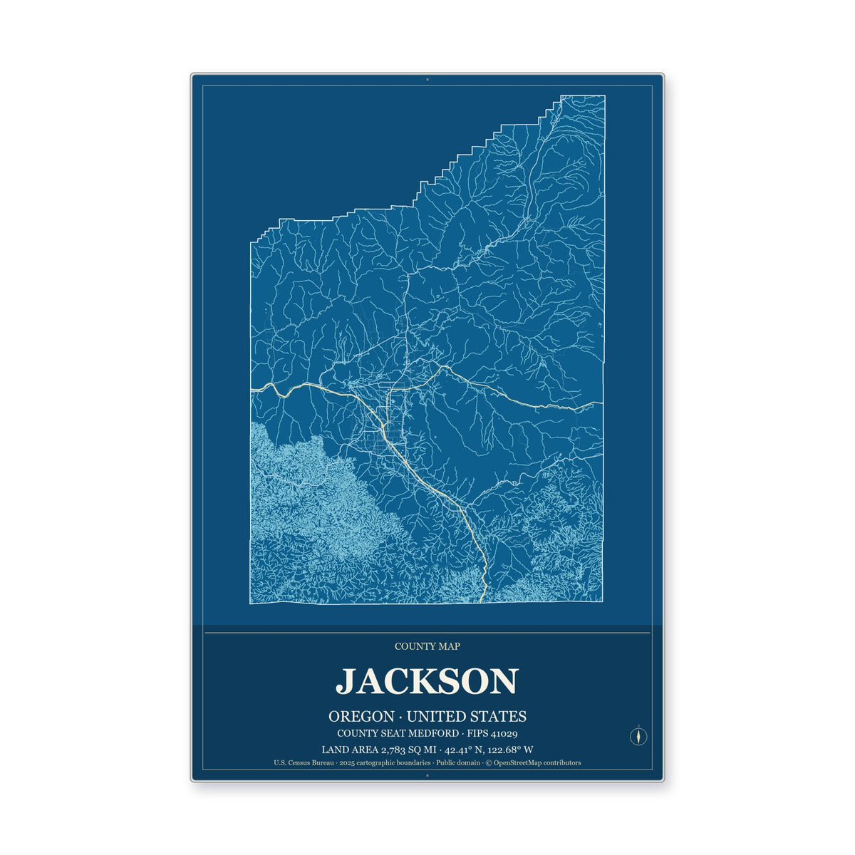 Jackson County, Oregon Map Aluminum Sign in Harbor Cobalt style