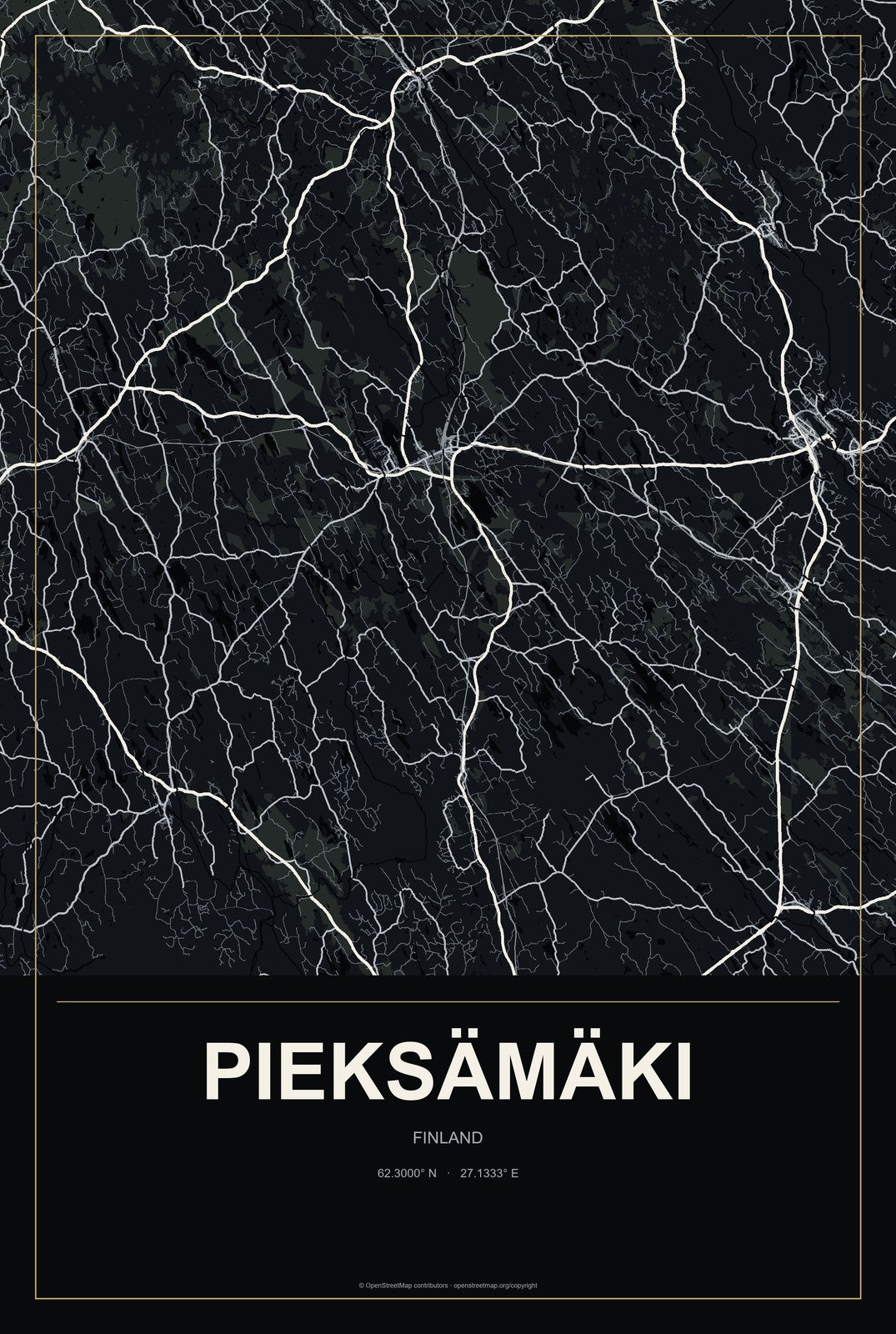 Pieksämäki, Finland City Map Aluminum Sign in Metropolitan Noir style