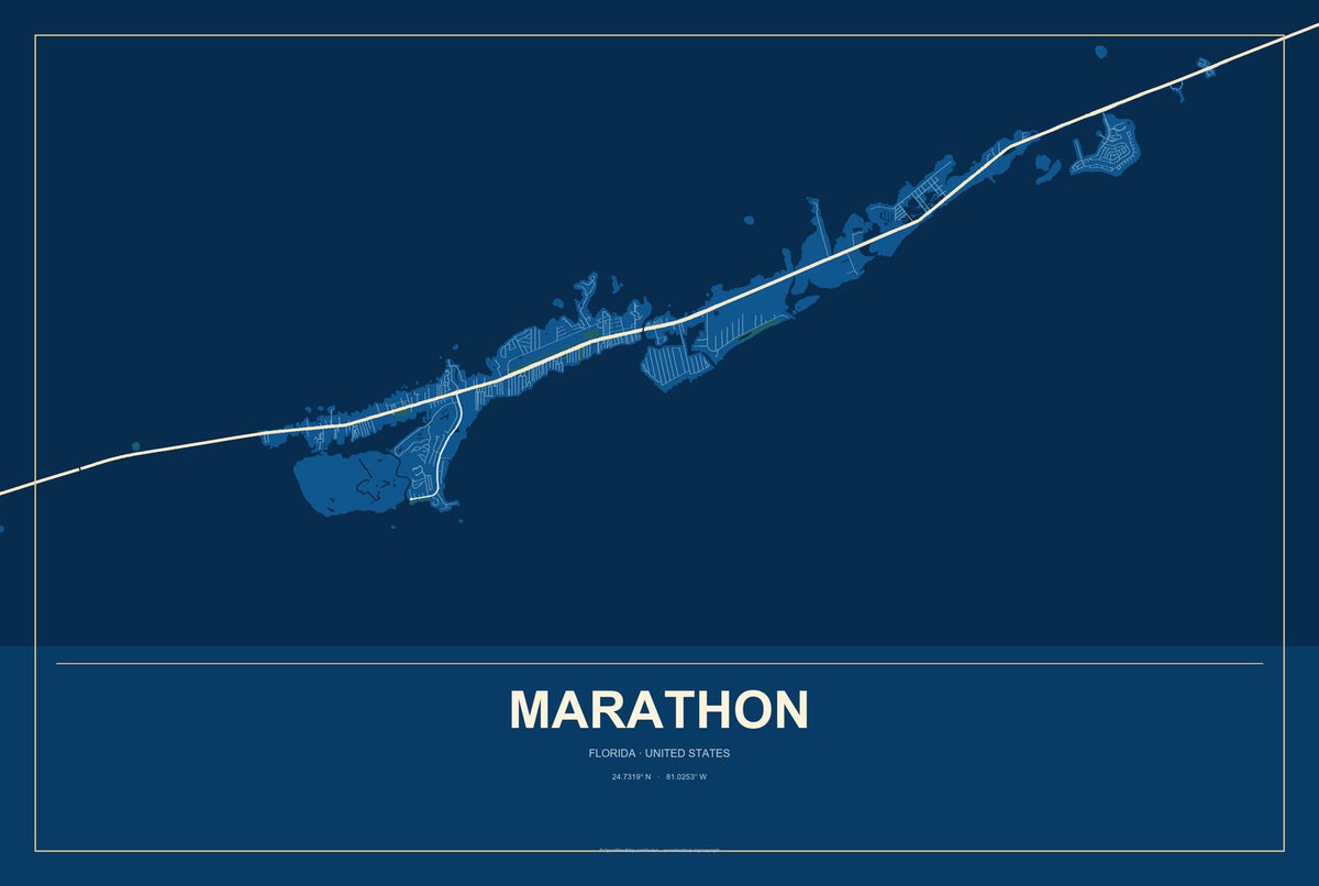 Marathon, Florida City Map Aluminum Sign in Harbor Cobalt style