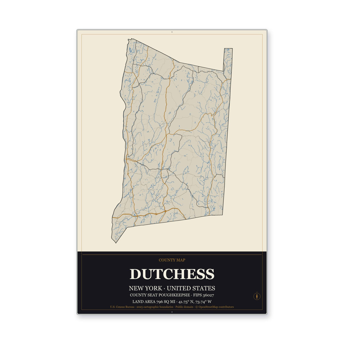 Dutchess County, New York Map Aluminum Sign in Museum Plaque style