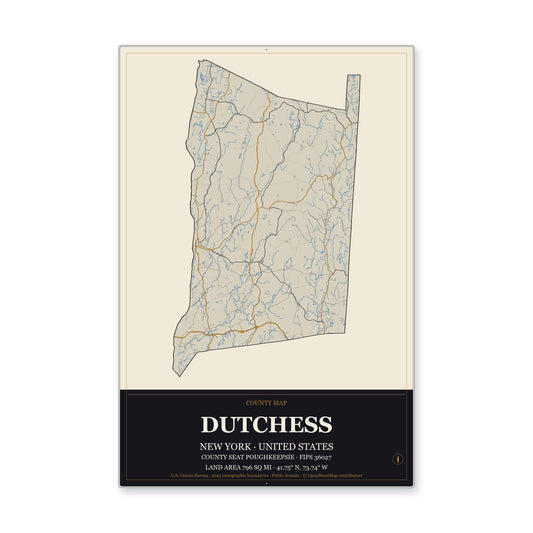 Dutchess County, New York Map Aluminum Sign in Museum Plaque style