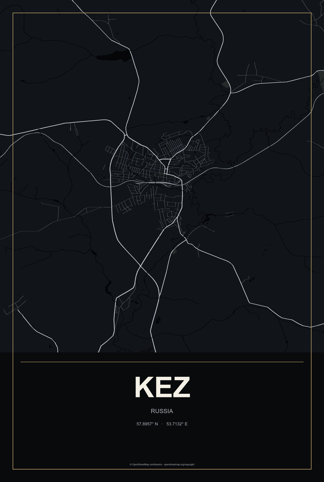 Kez, Russia City Map Aluminum Sign in Metropolitan Noir style